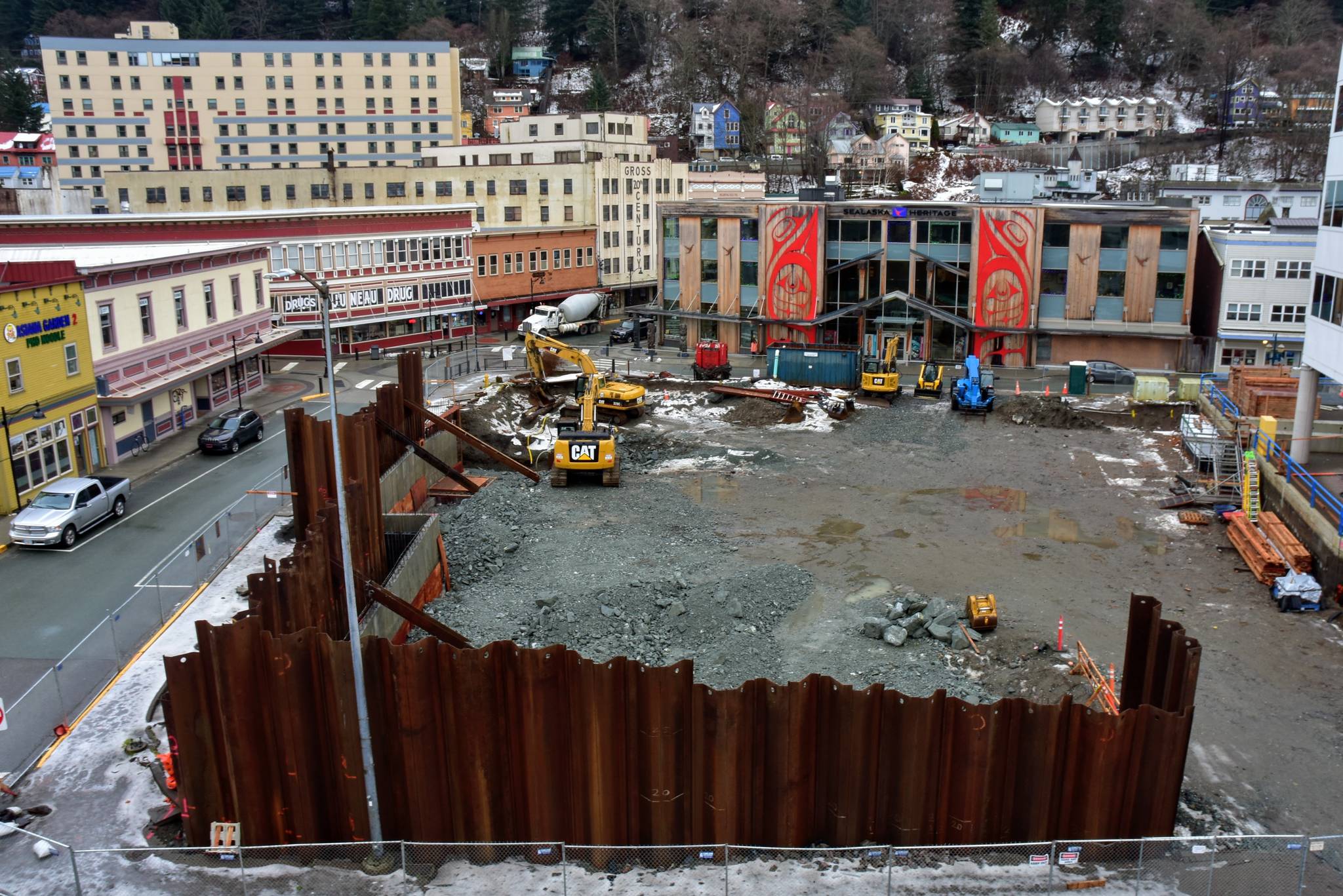 Construction on Sealaska Heritage Institute’s arts campus, seen here on Tuesday, Nov. 24, 2020, in downtown Juneau ran into complications when contaminated soil was discovered at the site. The City and Borough of Juneau Assembly approved $1.5 million in funding for the campus. (Peter Segall / Juneau Empire)