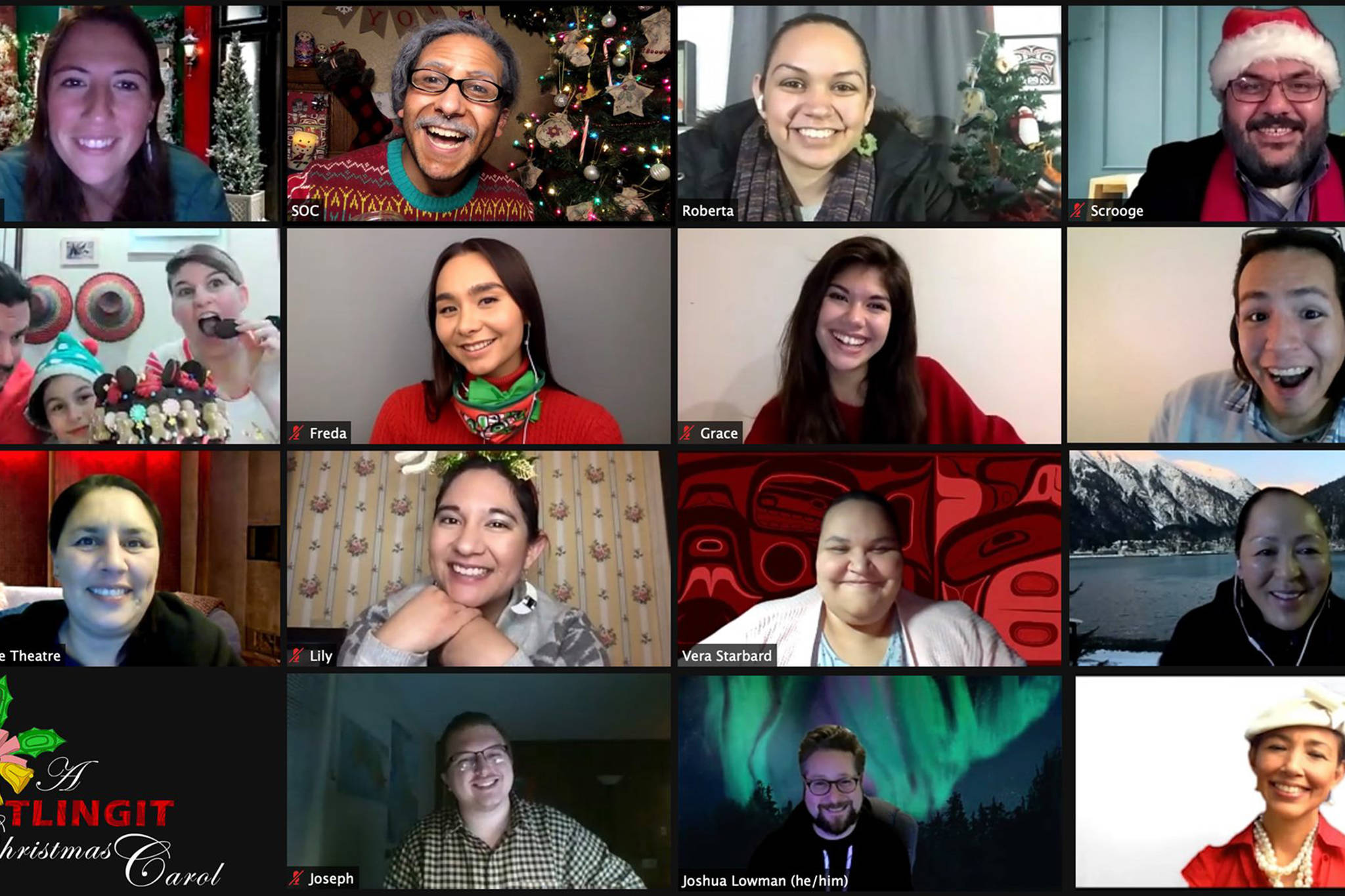 The cast and crew behind “A Tlingit Christmas Carol” smile on a Zoom call. (Courtesy Image / Perseverance Theatre)