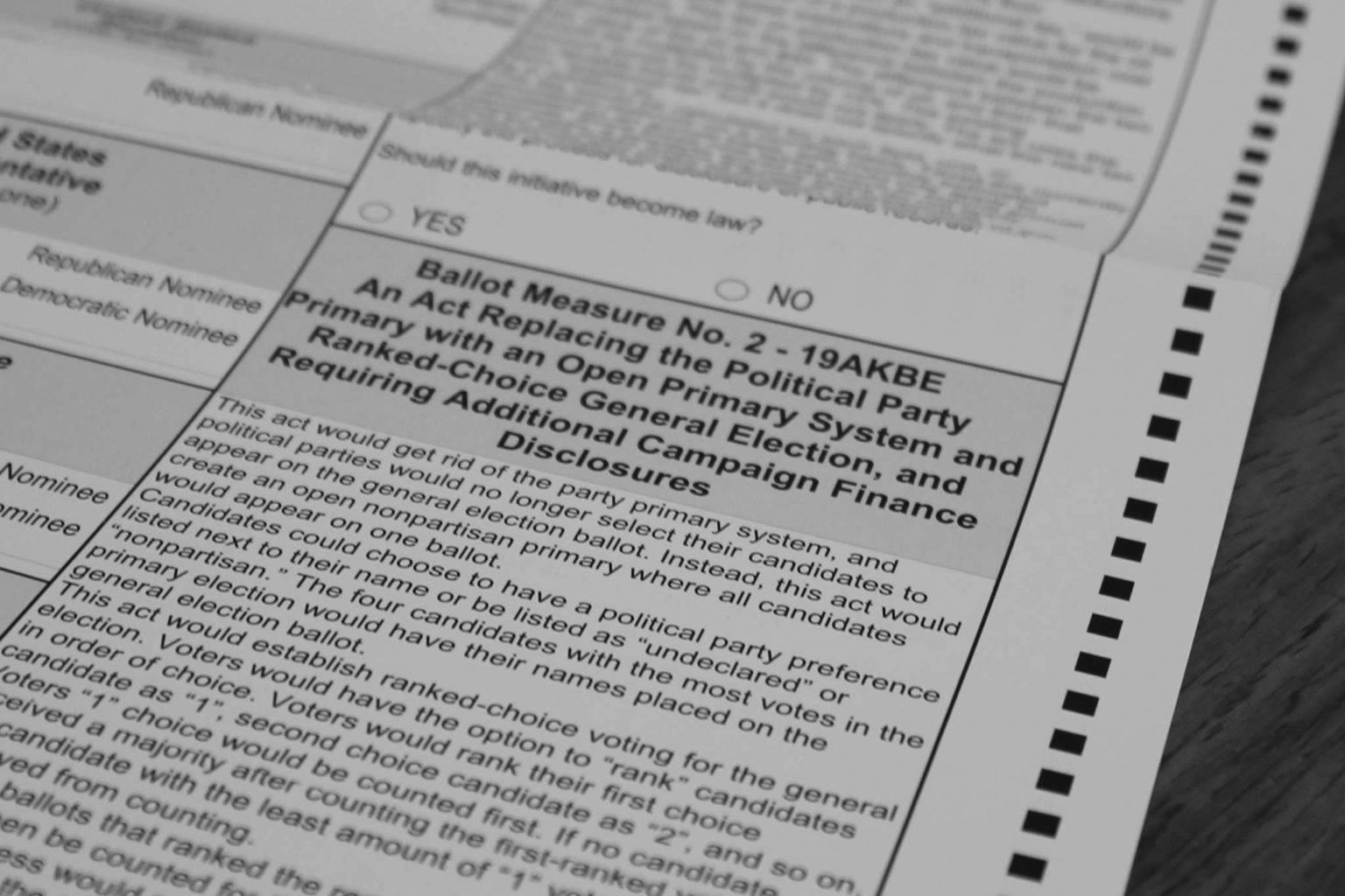 This photo of a by-mail ballot sent to an Alaska voter in October shows Ballot Measure 2. (Ben Hohenstatt / Juneau Empire)