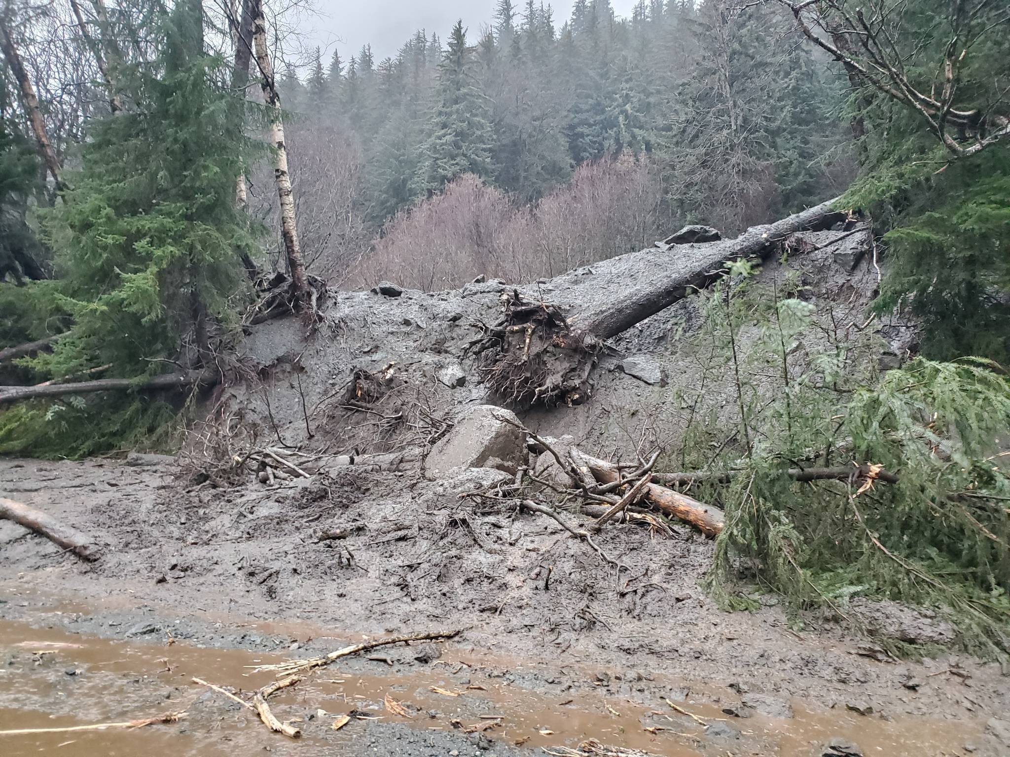 This photo provided by the Alaska Department of Transportation and Public Facilities shows damage from heavy rains and a mudslide 600 feet wide in Haines, Alaska, on Wednesday, Dec. 2, 2020. Authorities say six people are unaccounted for, and four homes were destroyed in the slide, with the search resuming Thursday morning for survivors. (Matt Boron/Alaska Department of Transportation and Public Facilities)