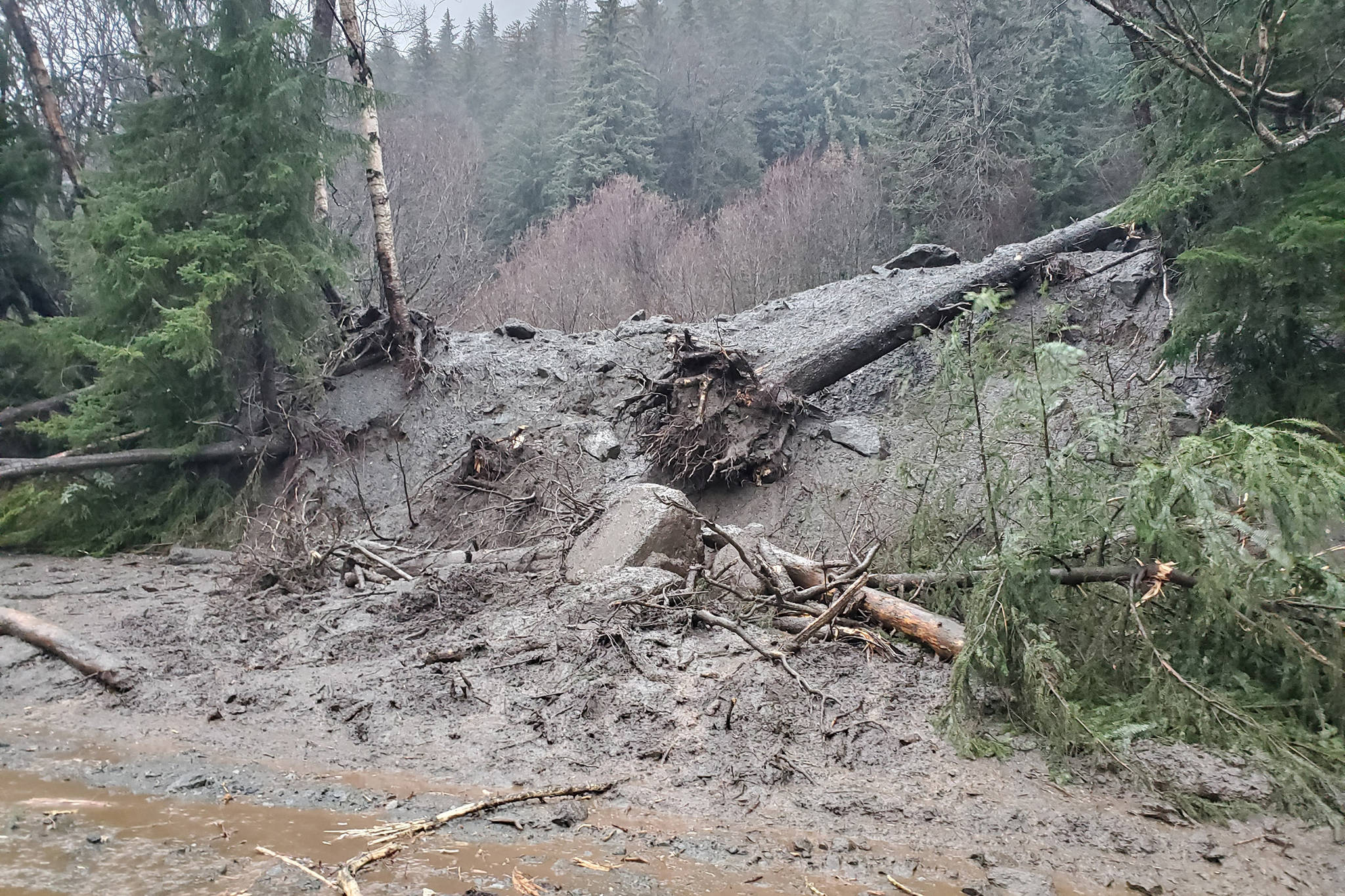 This photo hows damage from heavy rains and a mudslide 600 feet wide in Haines, Alaska, on Wednesday, Dec. 2, 2020. Authorities say six people are unaccounted for, and four homes were destroyed in the slide, with the search resuming Thursday morning for survivors. (Matt Boron/Alaska Department of Transportation and Public Facilities)