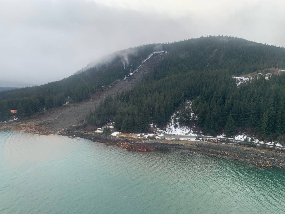 The Coast Guard is responding to rainfall-fueled landslides in Haines, shown here from a Coast Guard MH-60 Jayhawk, Dec. 3, 2020. (U.S. Coast Guard photo / Lt. Erick Oredson)