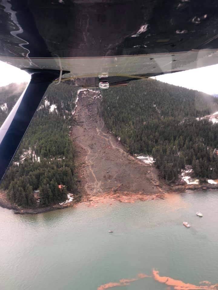 A massive landslide, seen here from the air, destroyed homes and left at least two people missing in Haines on Dec. 2. Local, state, and military organizations are responding to the disaster. (Courtesy photo / Jake Cheeseman)