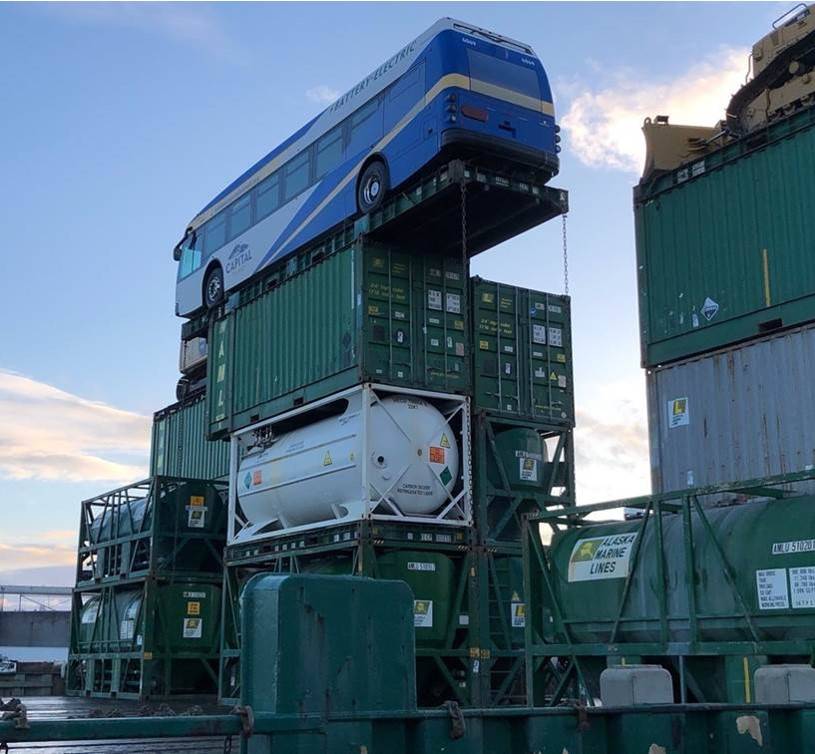 Capital Transit received its first electric bus, seen here as it was being shipped to Juneau via barge, on Dec. 16, 2020. The bus will enter active service in February. (Courtesy photo / Renewable Juneau)