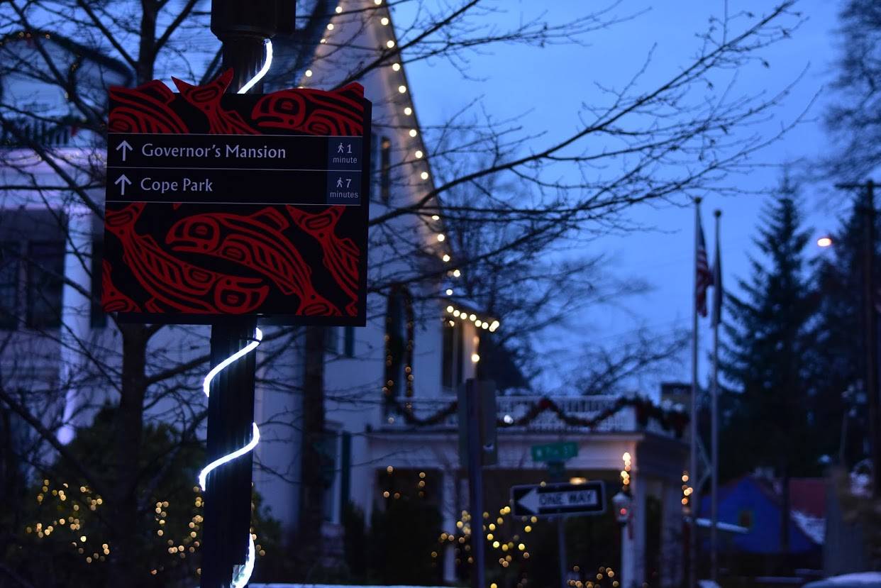 Peter Segall / Juneau Empire
Lights decorate a sign near the Governor’s Mansion.