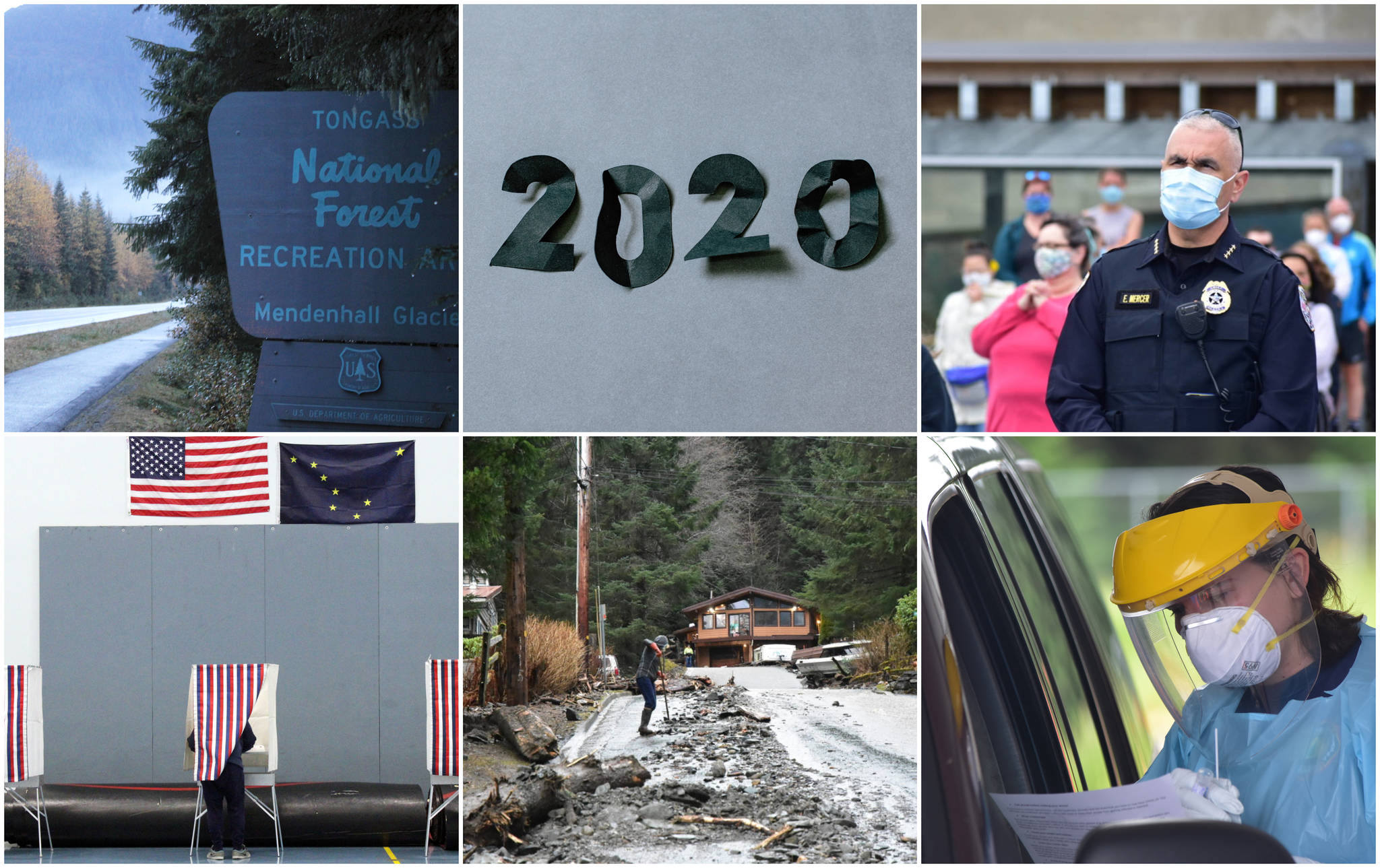 This composite image shows a Tongass National Forest sign that stands near the Mendenhall Glacier Visitor Center, Juneau Police Chief Ed Mercer at an event held following the killing of George Floyd, a man voting in the November general election, the effects of early December storms in Juneau and a health care worker at a drive-thru COVID-19 testing site. (Composite Image / Juneau Empire staff and Unsplash)