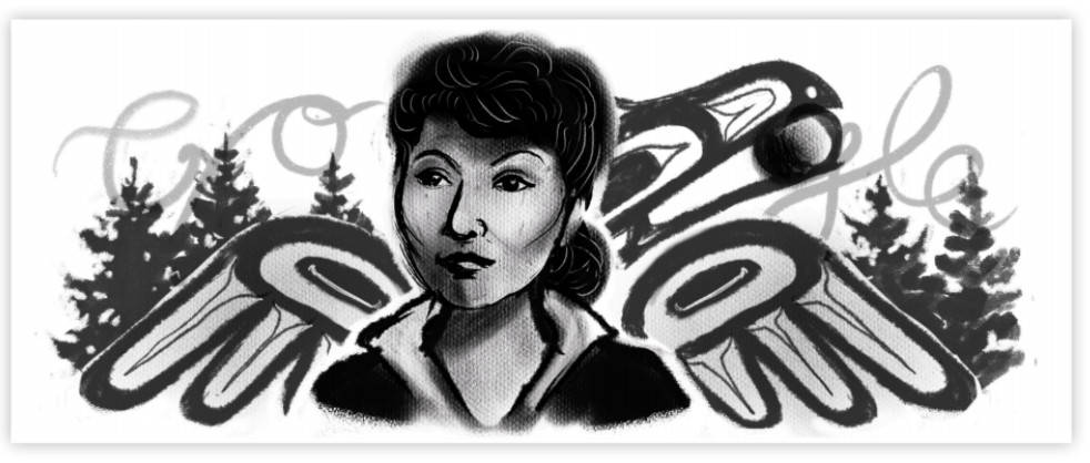 Elizabeth Peratrovich was featured in a Google doodle, seen above in an early draft, on Dec. 30, 2020. The Tlingit civil rights activist was illustrated by a Sitka-based Tlingit artist for the tech company. (Courtesy art / Google)