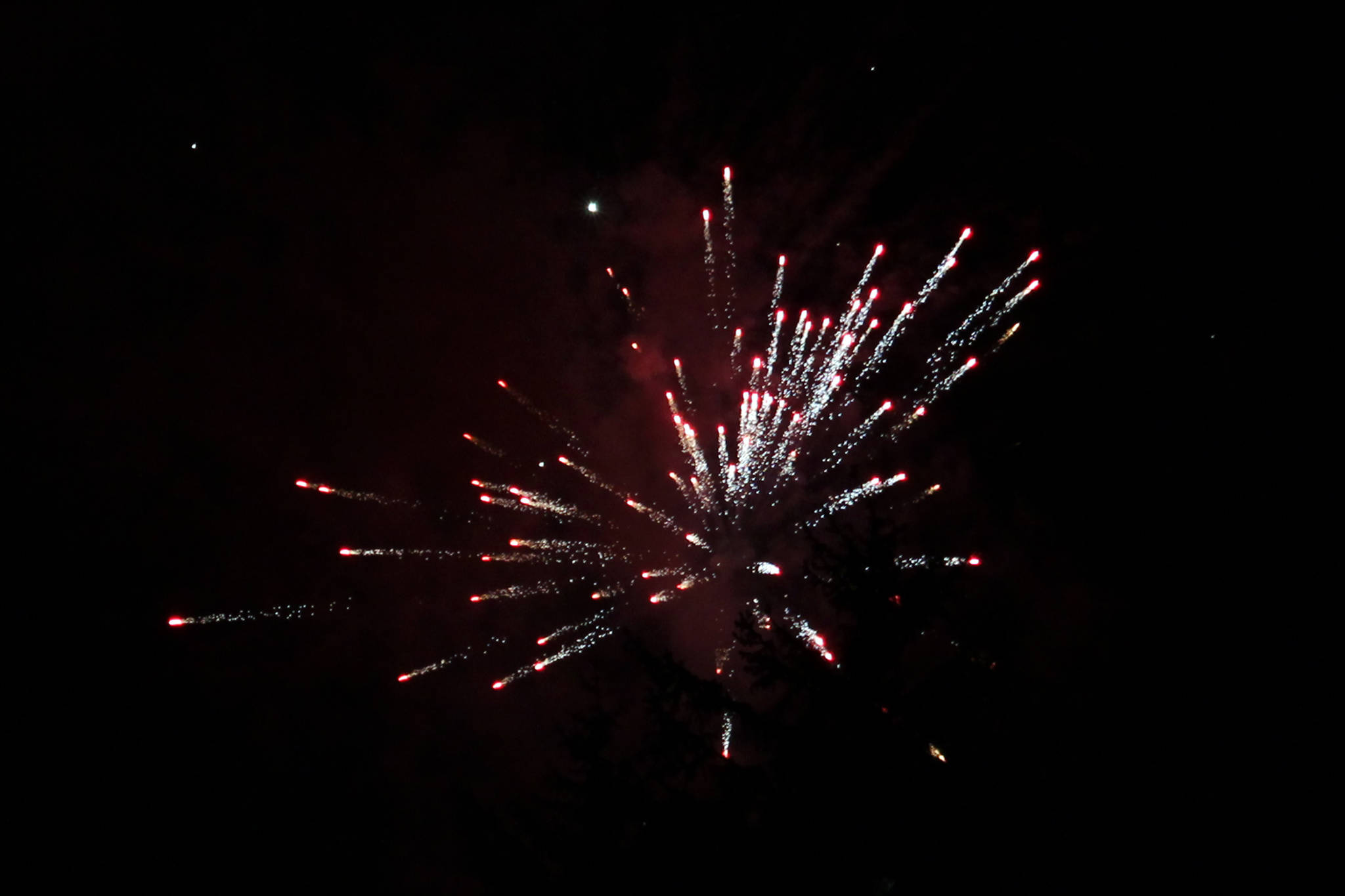Fireworks light up the sky above the Mendenhall Valley the evening of Dec. 31, 2020. (Ben Hohenstatt / Juneau Empire)