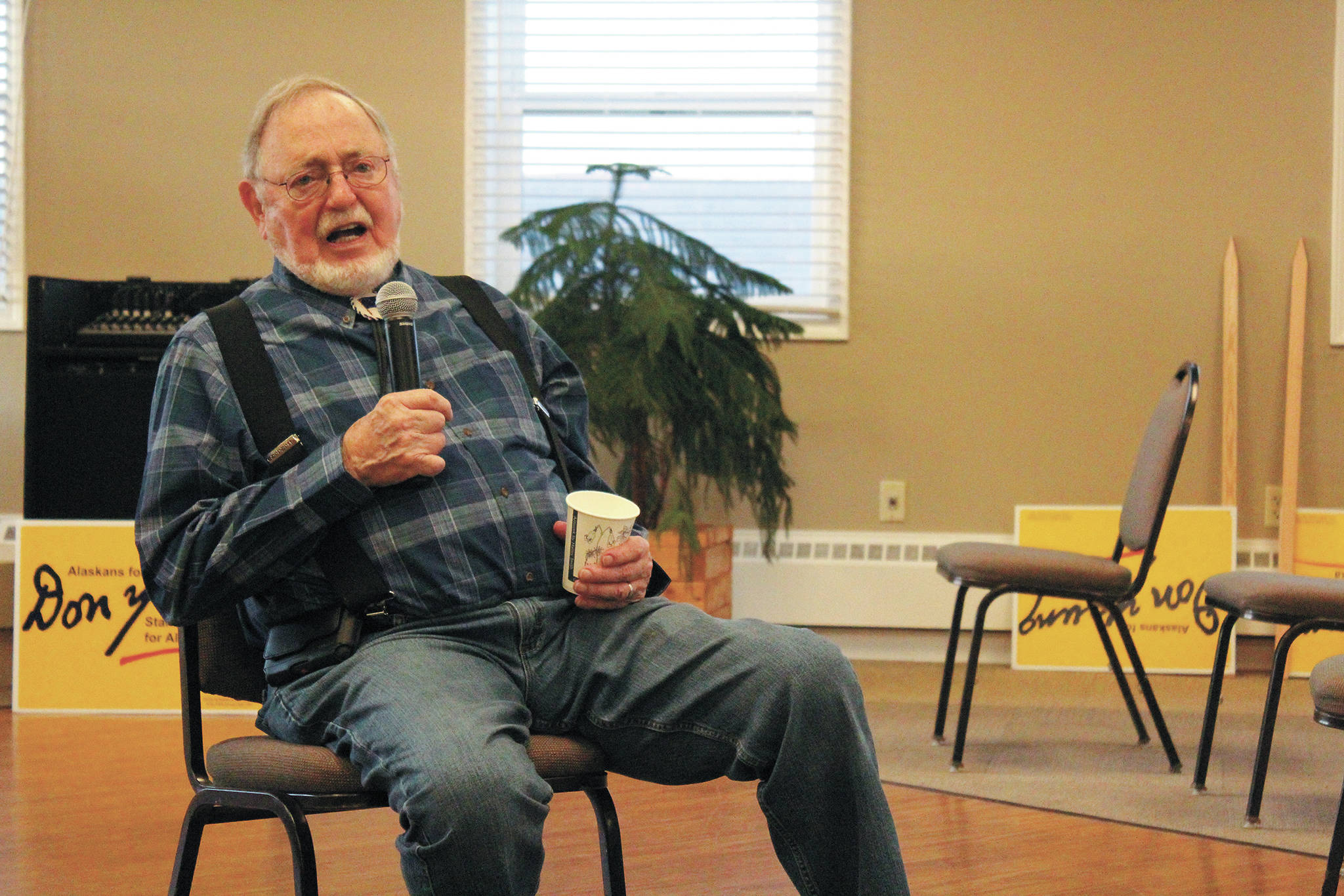 Rep. Don Young speaks during a campaign event Tuesday, Oct. 20, 2020 at Land’s End Resort in Homer, Alaska. (Photo by Megan Pacer / Homer News File)