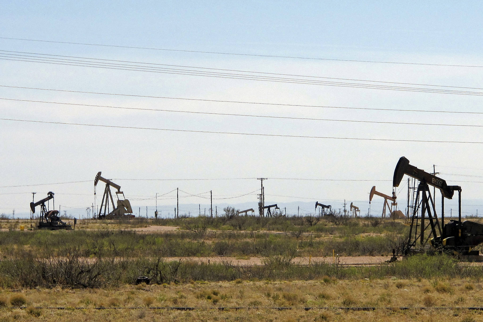 n this April 9, 2014, photo, oil rigs stand in the Loco Hills field on U.S. Highway 82 in Eddy County near Artesia, N.M., one of the most active regions of the Permian Basin. President Joe Biden is set to announce a wide-ranging moratorium on new oil and gas leasing on U.S. lands, as his administration moves quickly to reverse Trump administration policies on energy and the environment and address climate change.  (AP Photo/Jeri Clausing, File)