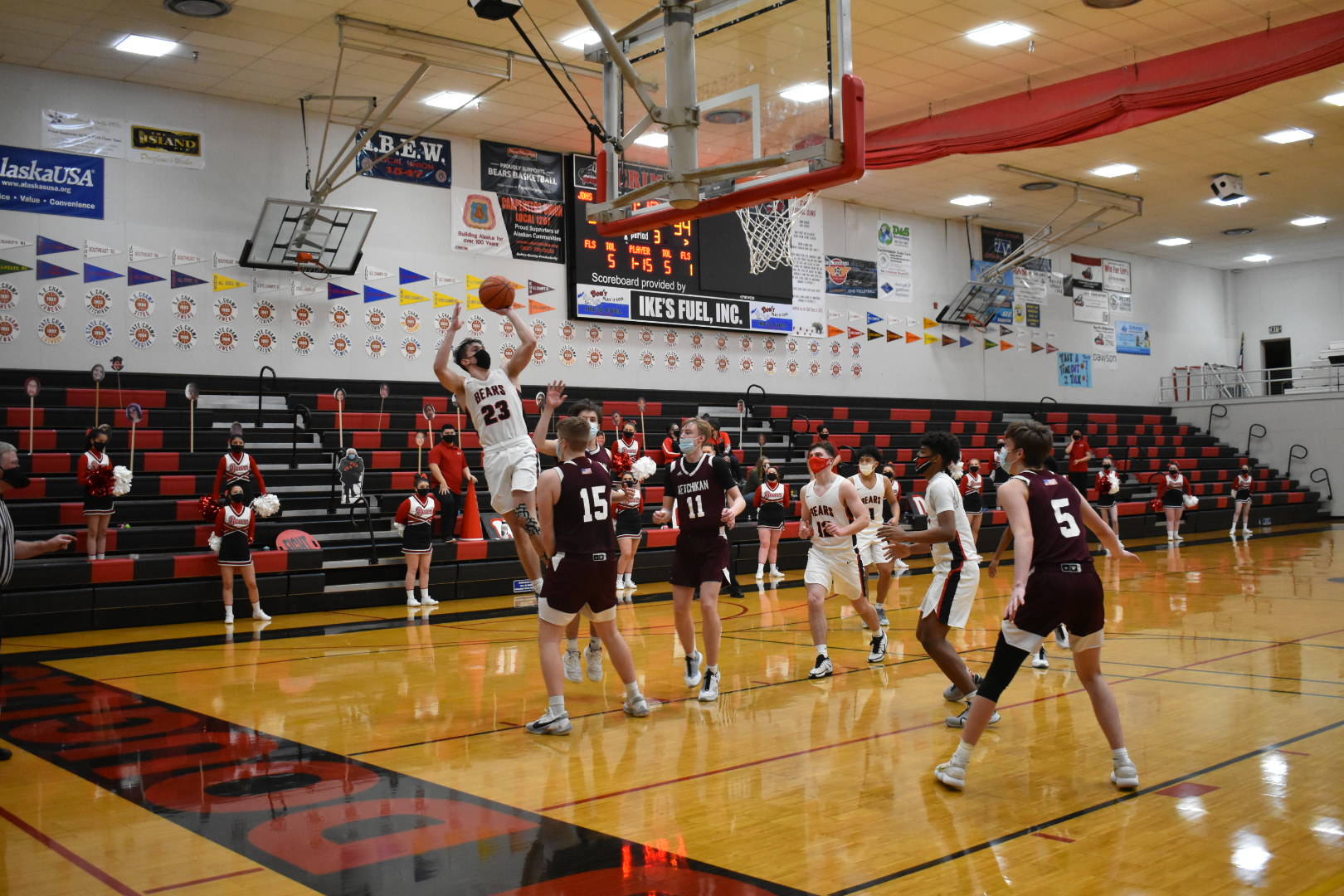 Juneau-Douglas High School Yadaa.at Kalé senior Cooper Kriegmont shoots during a basketball game against Ketchikan on Friday, Jan. 22, 2021. Kriegmont scored his 1,000th point during the two-game series. (Courtesy photo / Lexie Razor)