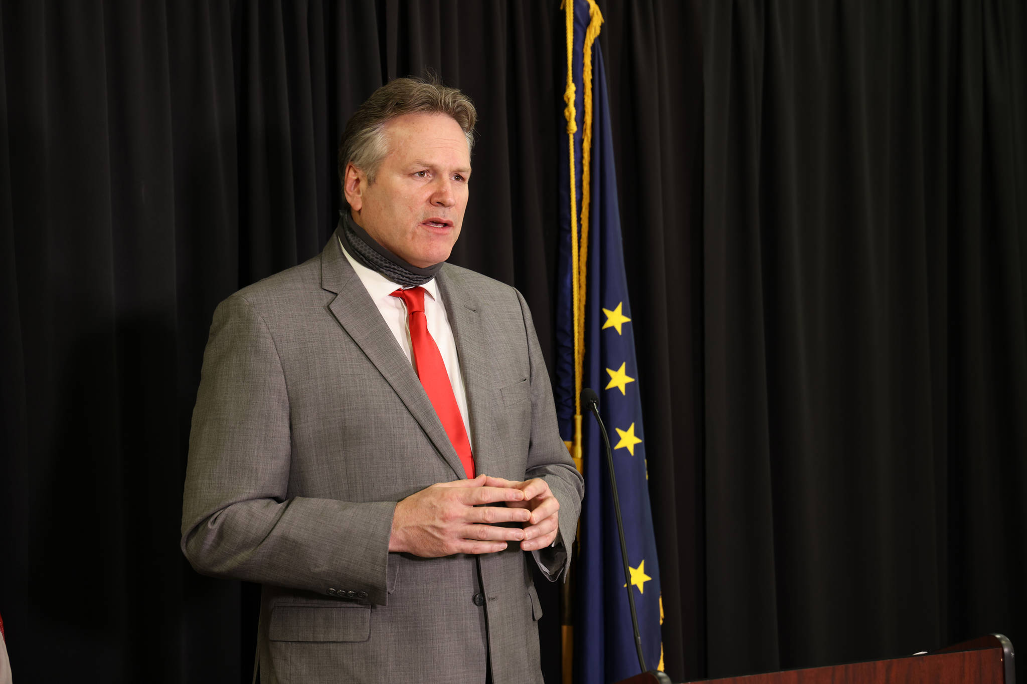 Gov. Mike Dunleavy, who spoke to the Empire via phone Wednesday, speaks at an Anchorage press conference on Dec. 11, 2020. (Courtesy photo / Office of Gov. Mike Dunleavy)