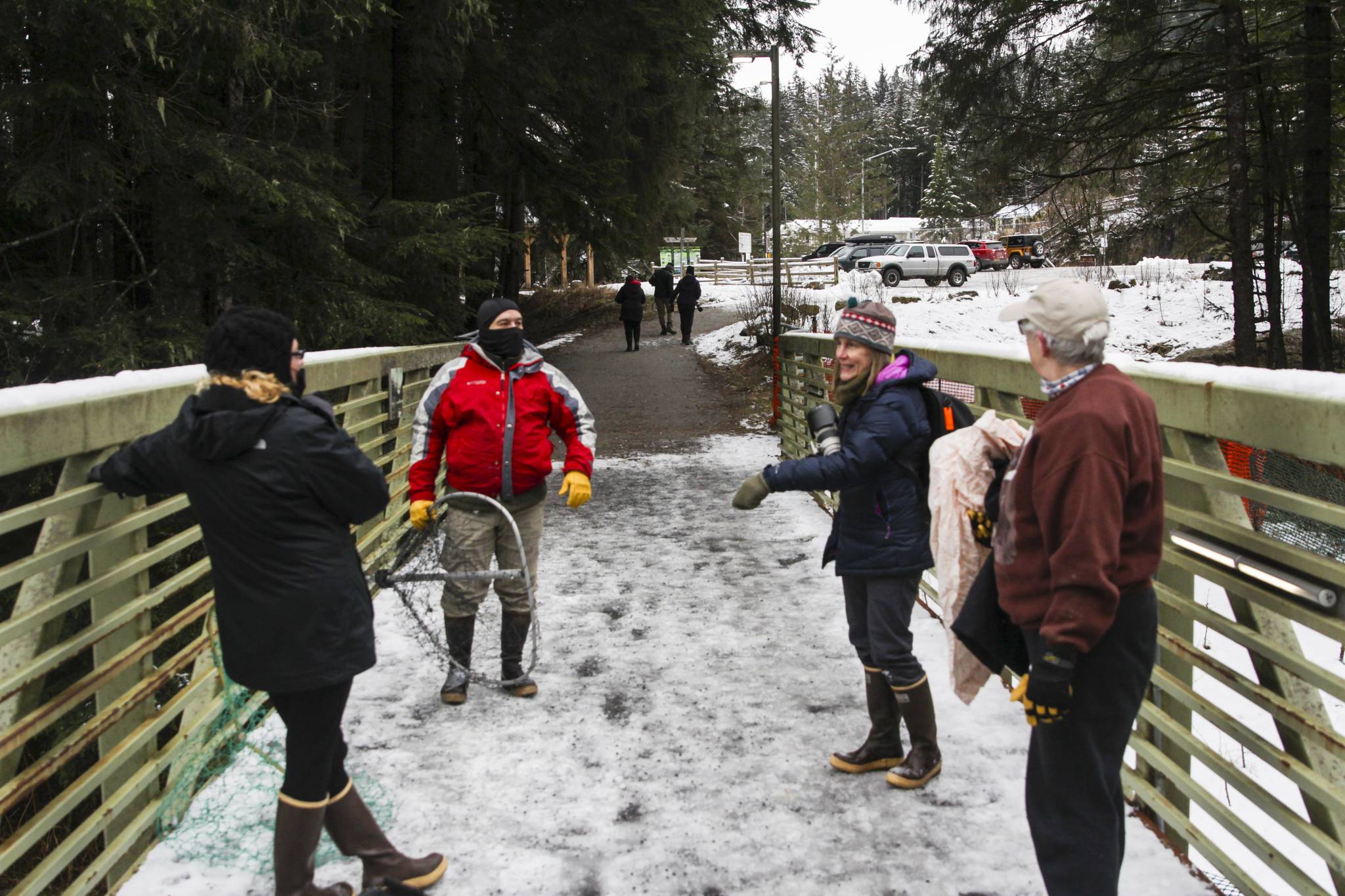 Helpers have an afteraction Juneau Raptor Center manager Kathy Benner, far left, after an attempt to capture a trumpeter swan with an injured wing at Auke Lake on Jan. 28, 2021. (Michael S. Lockett / Juneau Empire)