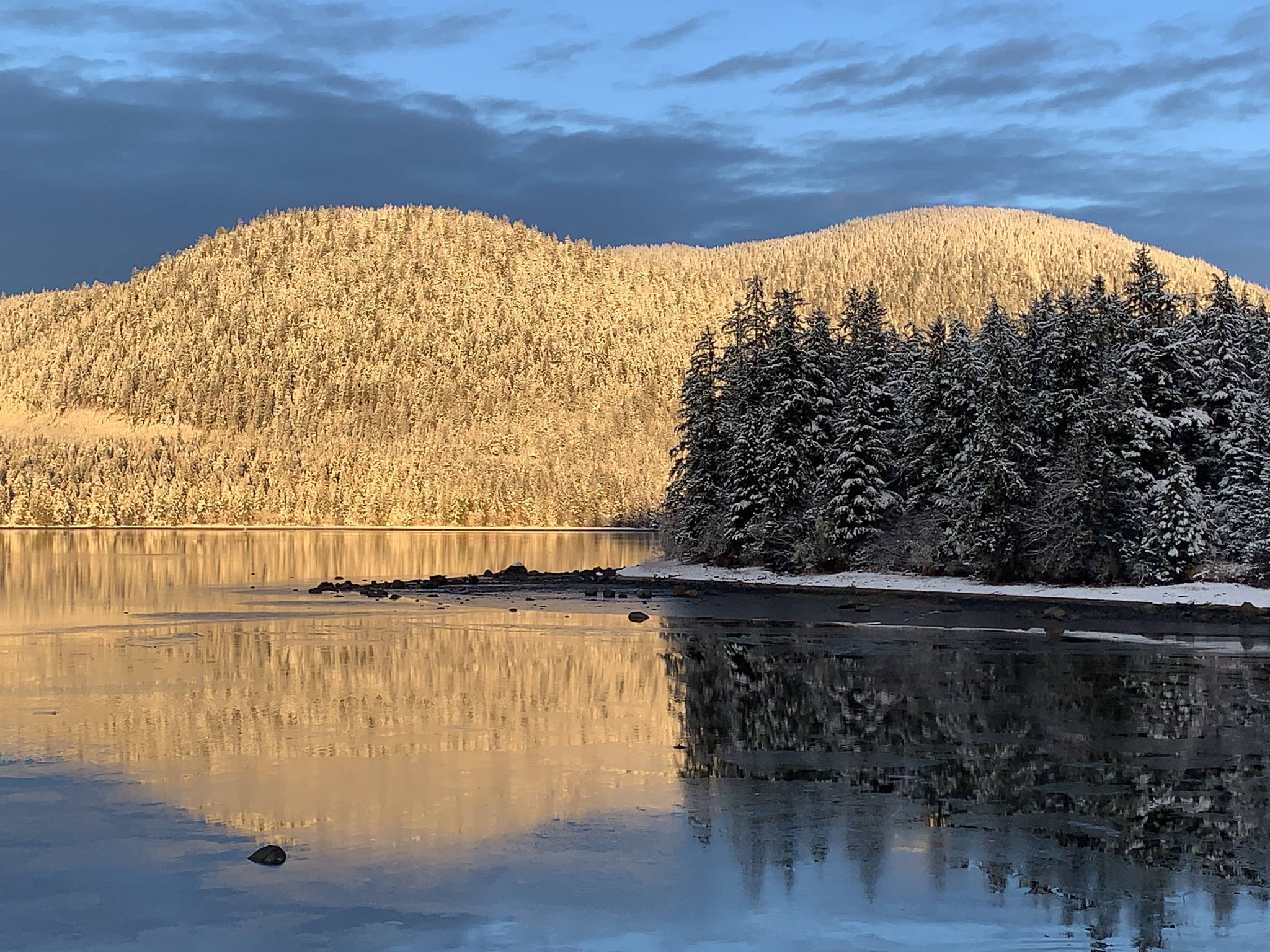 This photo shows snow- and sun-drenched mountains on Kupreanof Island in early morning, and a tree covered point on Mitkof Island at a cove by Marker 49 along the Inside Passage on Jan. 26. (Courtesy Photo / Cindi Lagoudakis)