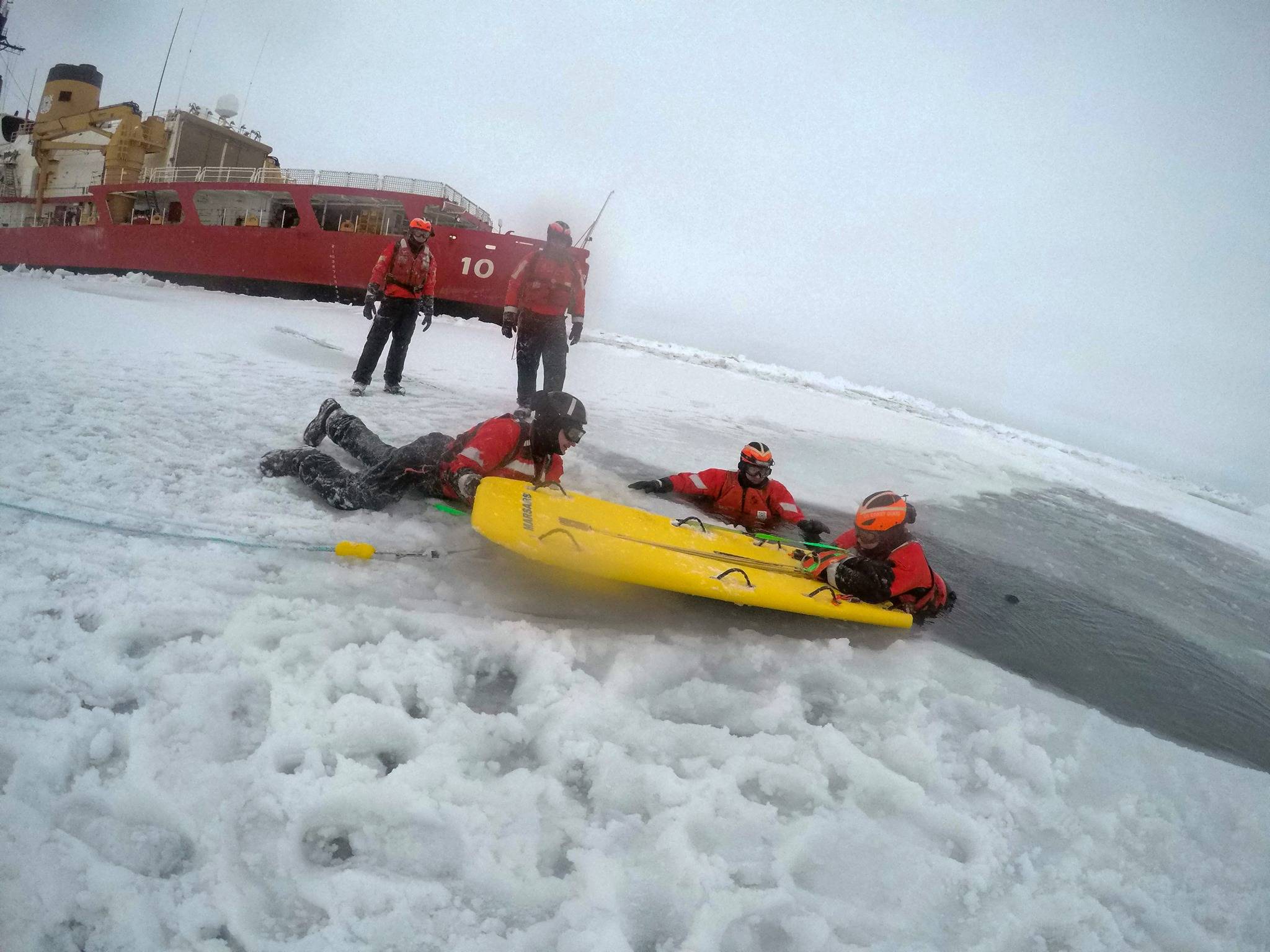 Coast Guard Cutter Polar Star crewmembers participate in ice rescue training in the Bering Strait on Jan. 28, 2021. (U.S. Coast Guard Photo / Petty Officer 1st Class Cynthia Oldham)