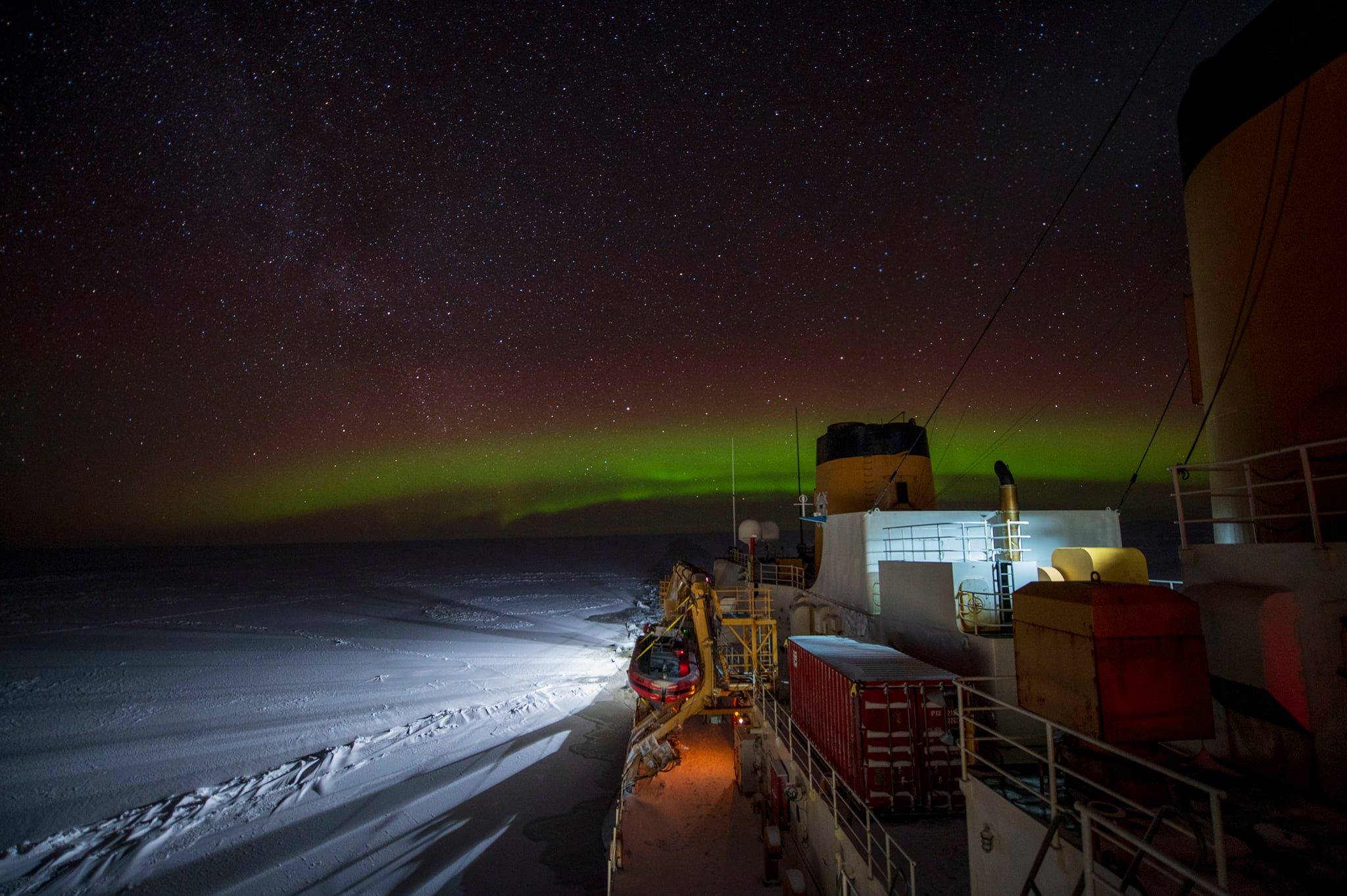 Coast Guard Cutter Polar Star steams under the aurora borealis during its current Arctic deployment patrolling the maritime boundary with Russia. (U.S. Coast Guard Photo / Petty Officer 1st Class Cynthia Oldham)