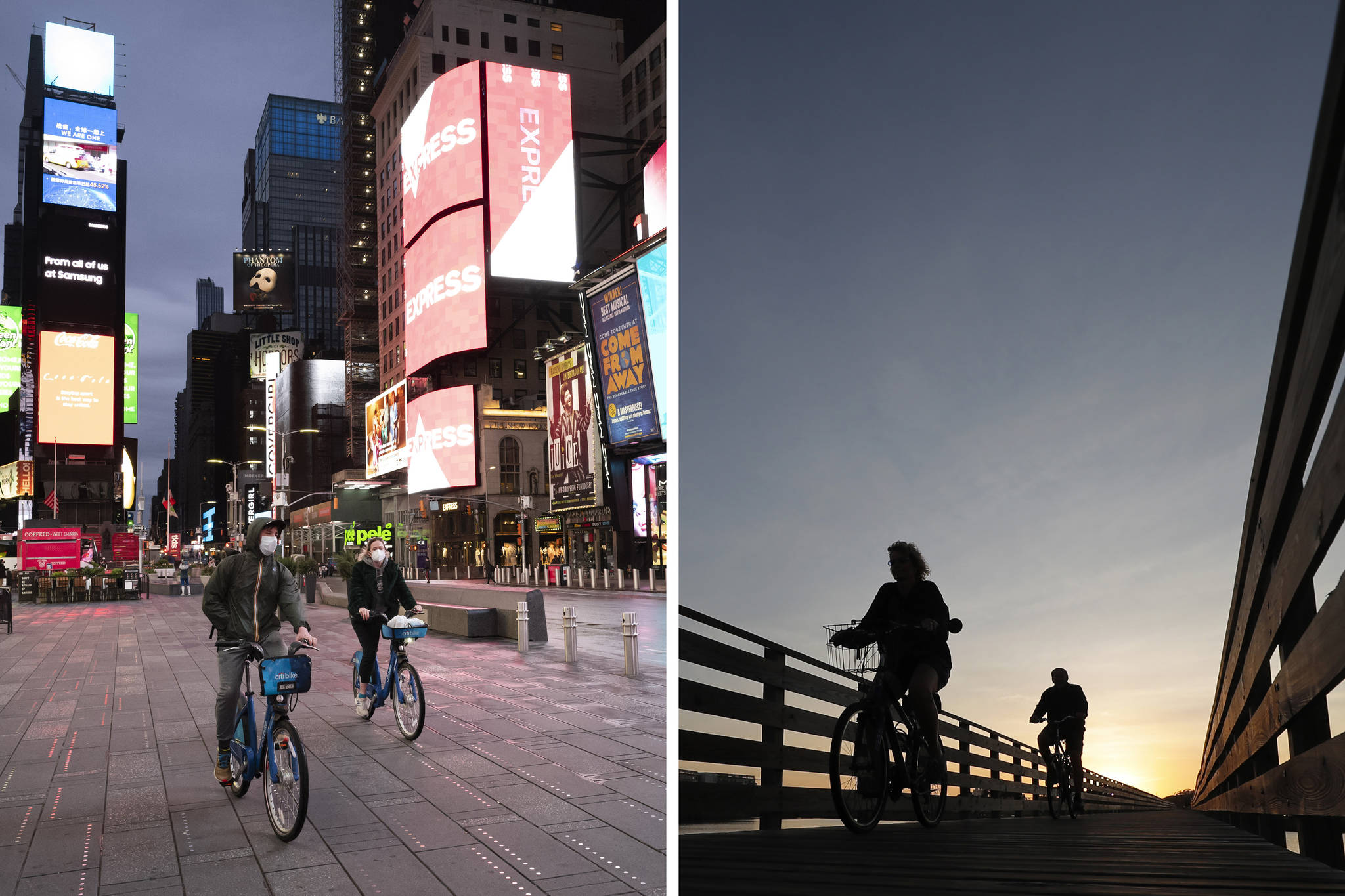 This combination of photos shows people riding bicycles in New York's Times Square, left, on April 29, 2020, and in Gulf State Park in Gulf Shores, Ala., March 12, 2020, during the coronavirus pandemic. The human loss from the pandemic isn’t going to be reflected in the U.S. population count used for divvying up congressional seats among the states. And that could save a congressional seat for New York but cost Alabama one. (AP Photo)