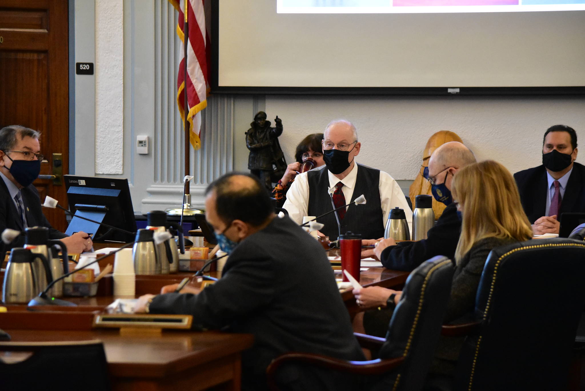 The Senate Finance Committee, seen here with chair Sen. Bert Stedman, R-Sitka, leading a meeting on Jan. 27, discussed Monday Gov. Mike Dunleavy's propsoal for a $1.4 billion supplemental budget. Most of that money would go to paying out a supplemental Permanent Fund Dividend. (Peter Segall / Juneau Empire)