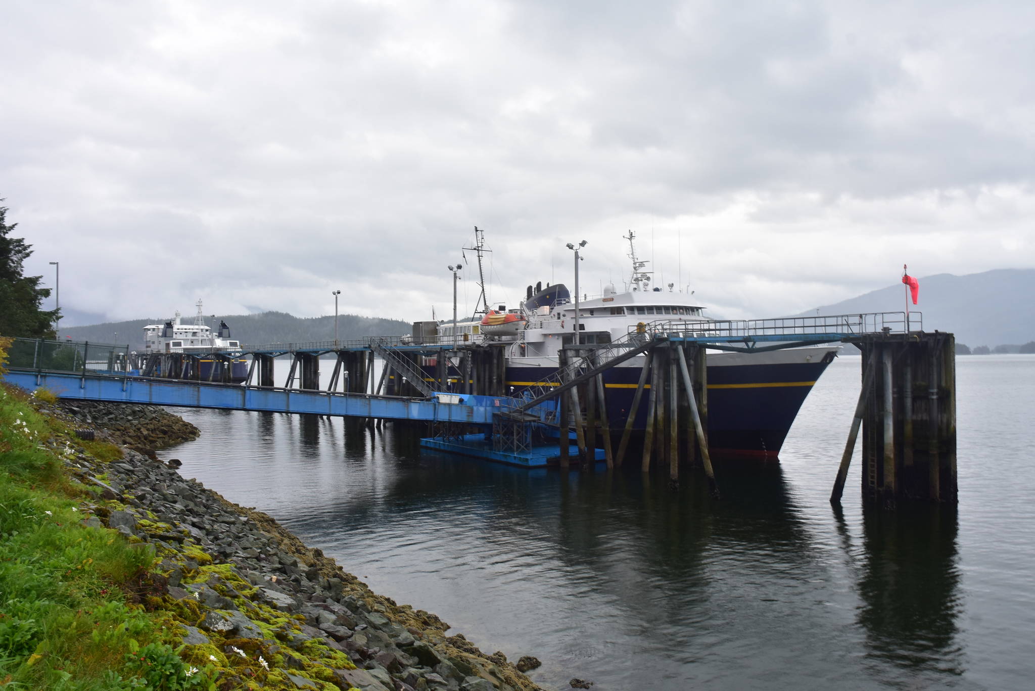 MV LeConte docks at the Auke Bay Ferry Terminal with the MV Tazlina in the background on Monday, Aug. 10, 2020. The LeConte was present in Juneau when a bomb threat was made against it Wednesday, Feb. 10, 2021, according to the Juneau Police Department. (Peter Segall / Juneau Empire File)