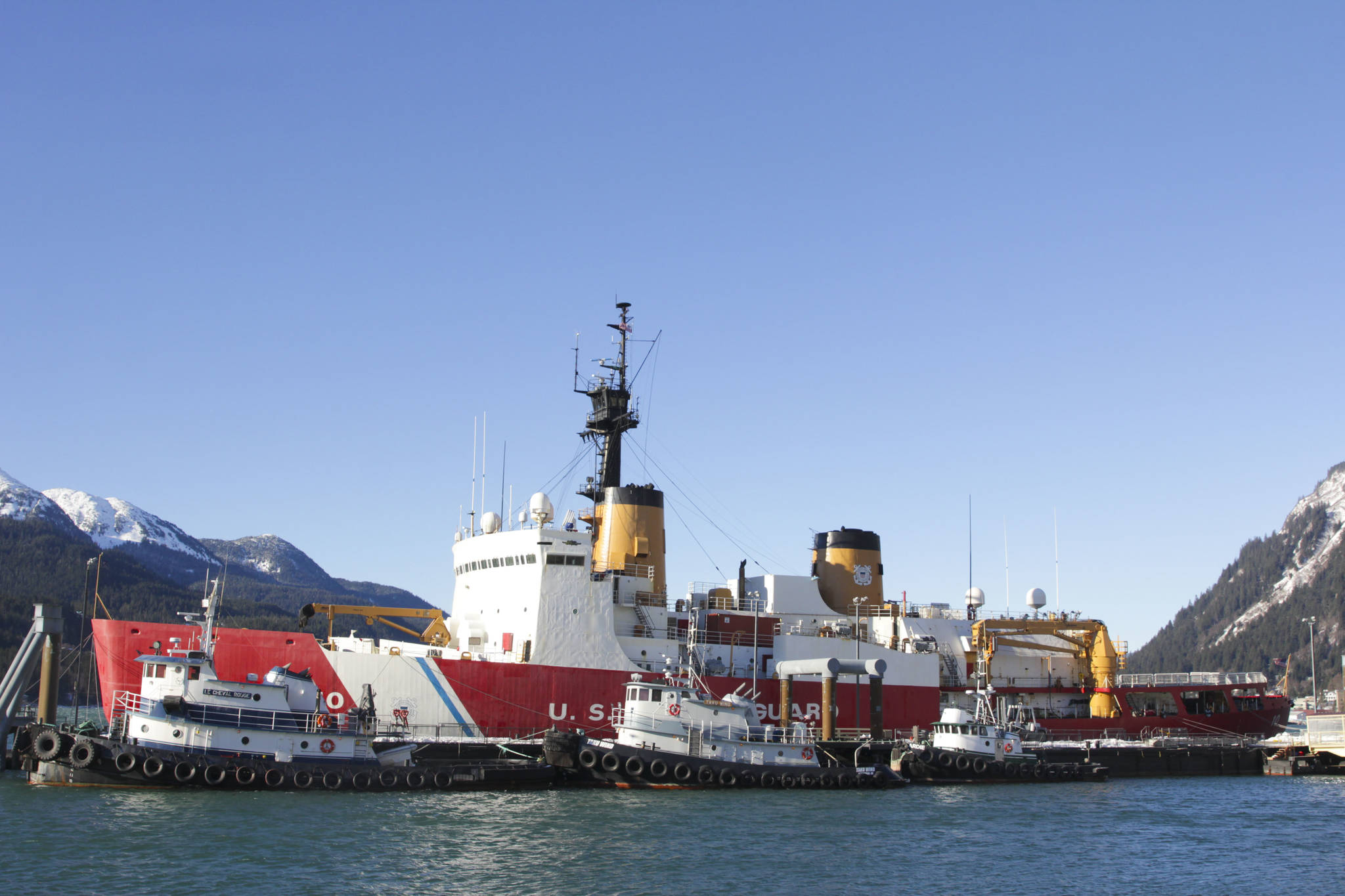 The U.S. Coast Guard Cutter Polar Star arrived in Juneau Friday, Feb. 12, 2021, to resupply from extended operations in the Arctic over the winter. (Michael S. Lockett / Juneau Empire)