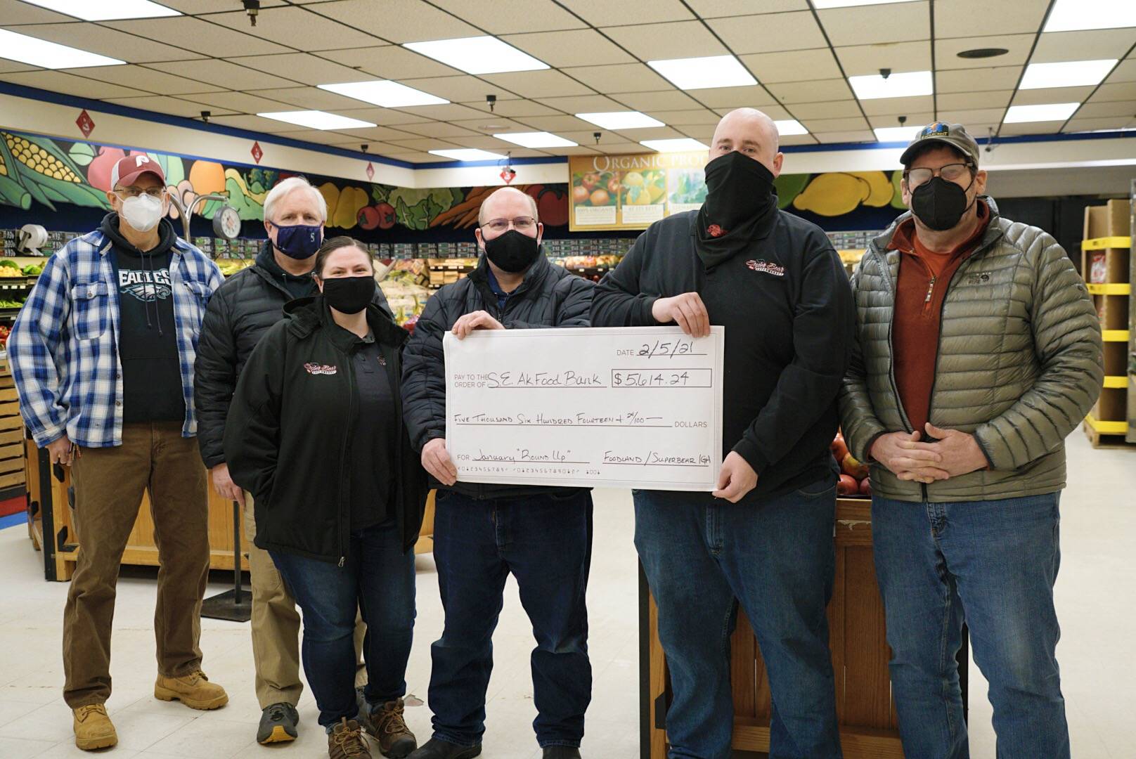 Foodland and Super Bear customers donate to food bank
This photo shows (from left to right) Chris Schapp, Southeast Alaska Food Bank manager; Rick Wilson, Foodland store director; Kelly Crow, Super Bear Store director; Brad Folckomer, Foodland assistant manager; JP Oudekerk, Super Bear assistant manager; and Dave Lefebvre, Southeast Alaska Food Bank board president. (Courtesy Photo)