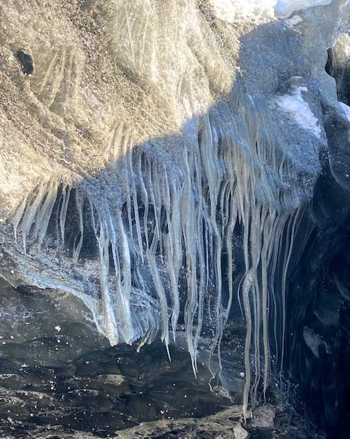 Long icy fingers stretch from the glacier to newly exposed rock on Feb. 13, 2021. (Courtesy Photo / Denise Carroll)