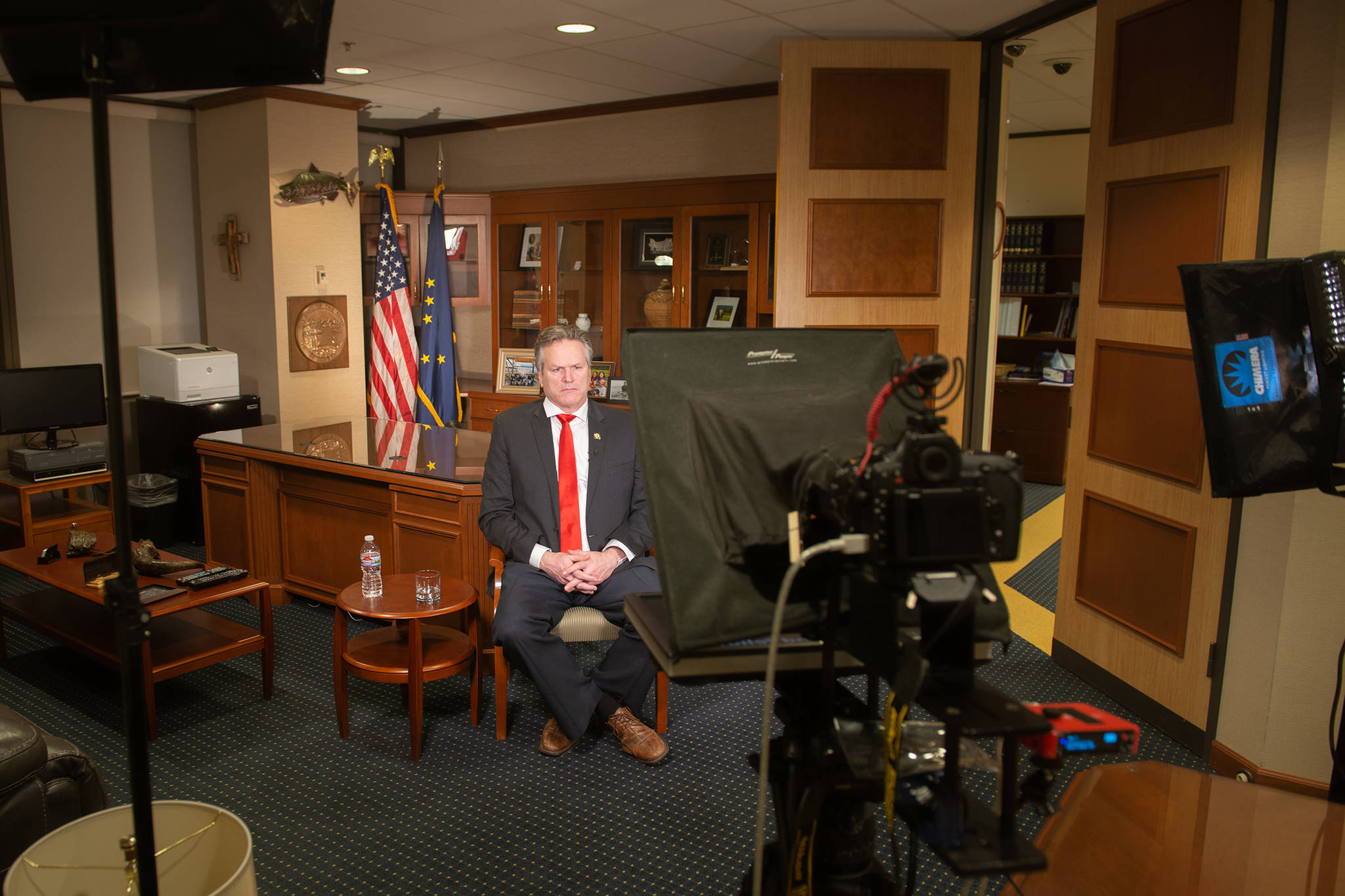 Gov. Mike Dunleavy delivers this year’s virtual State of the State address in this Jan. 28, 2021 photo. On Sunday, Feb. 14, Dunleavy and state health officials held a COVID-19 update news conference. (Courtesy Photo / Office of Gov. Mike Dunleavy)