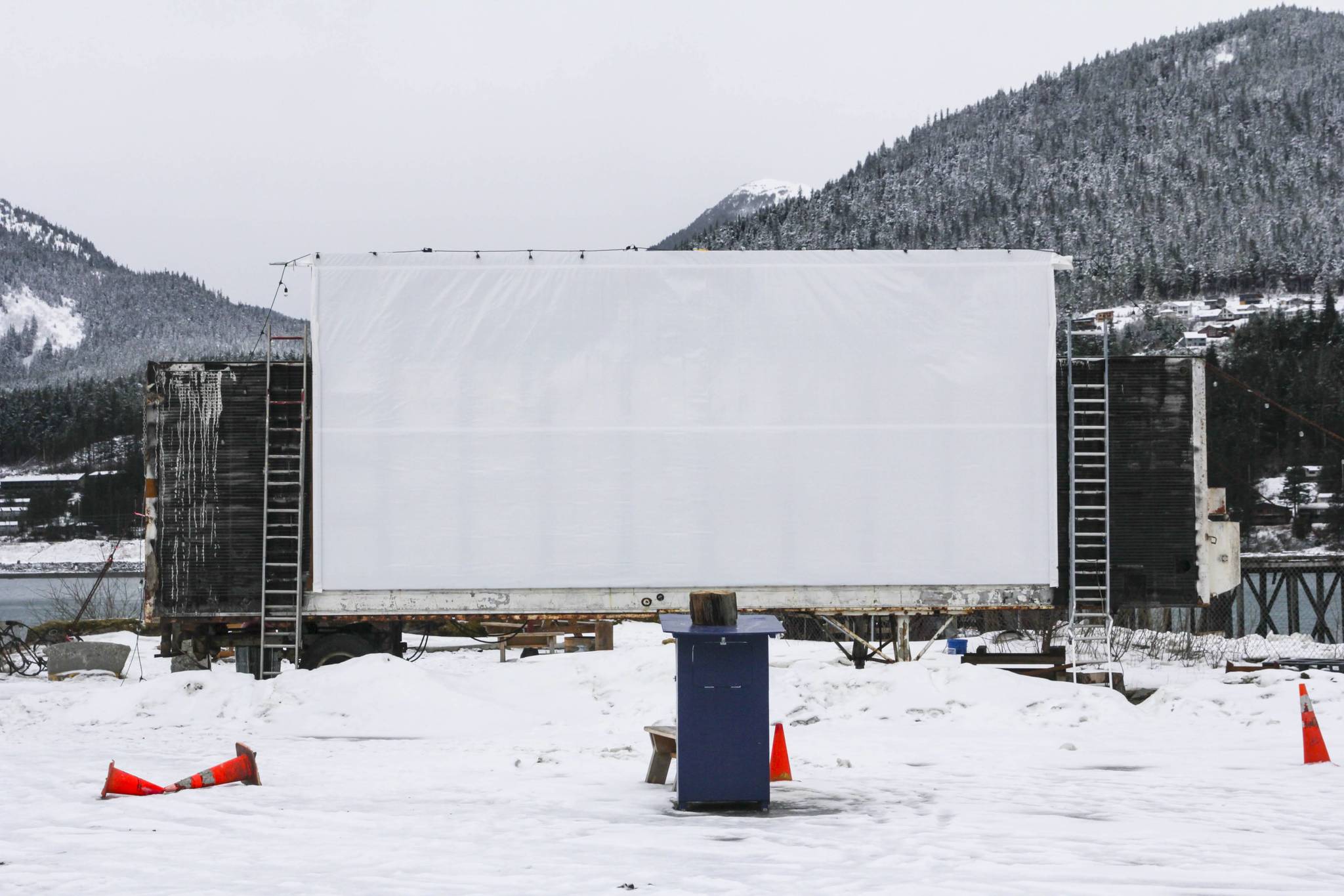 The Gold Town Nickelodeon’s drive-in theatre’s new location at the downtown subport lot hosts a fully armed and operational screen for all-weather conditions, seen here on Feb. 18, 2021. (Michael S. Lockett / Juneau Empire)