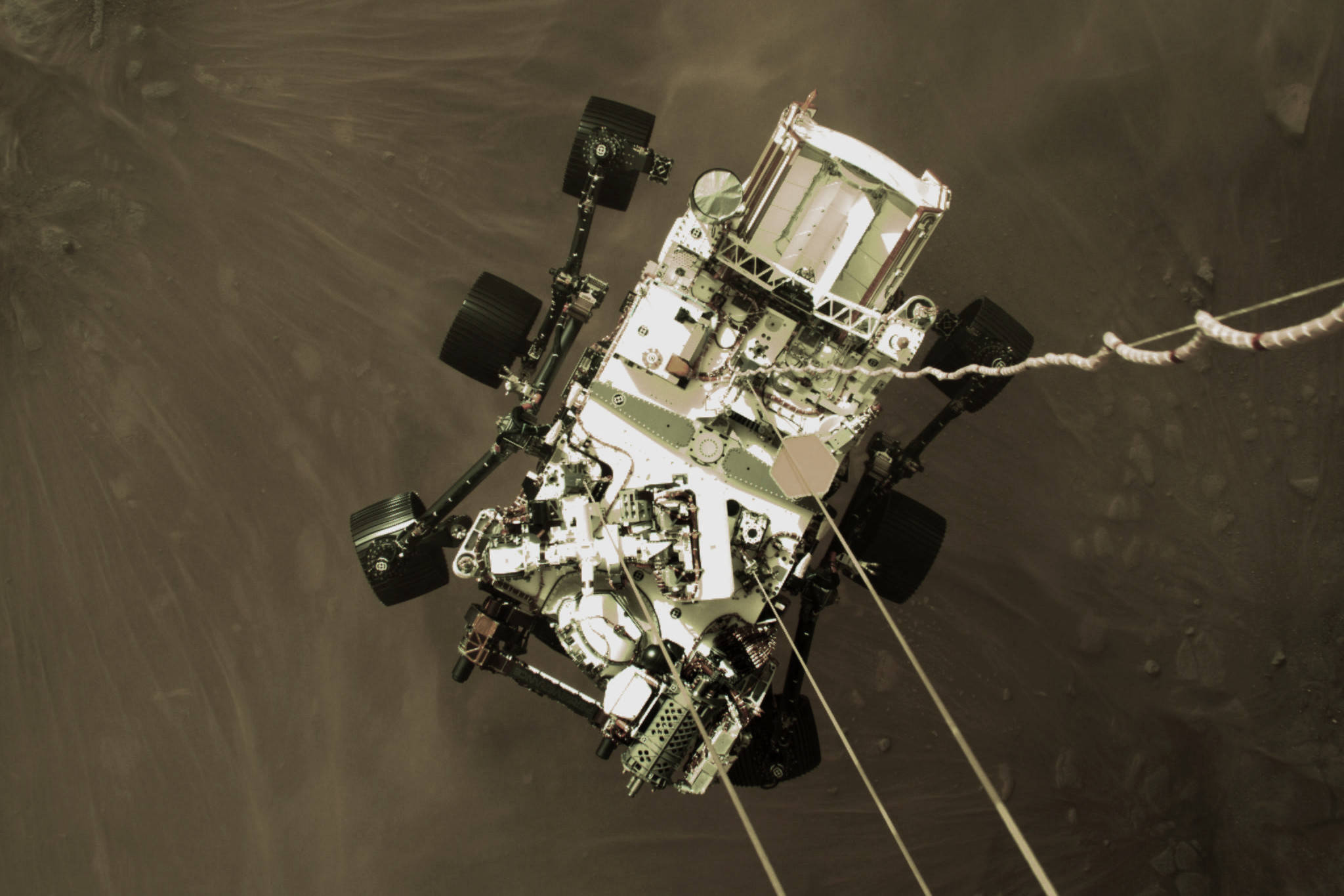 The Perseverance rover, seen here from the descent stage, landed on Mars on Feb. 18, 2021. (Courtesy photo / NASA)