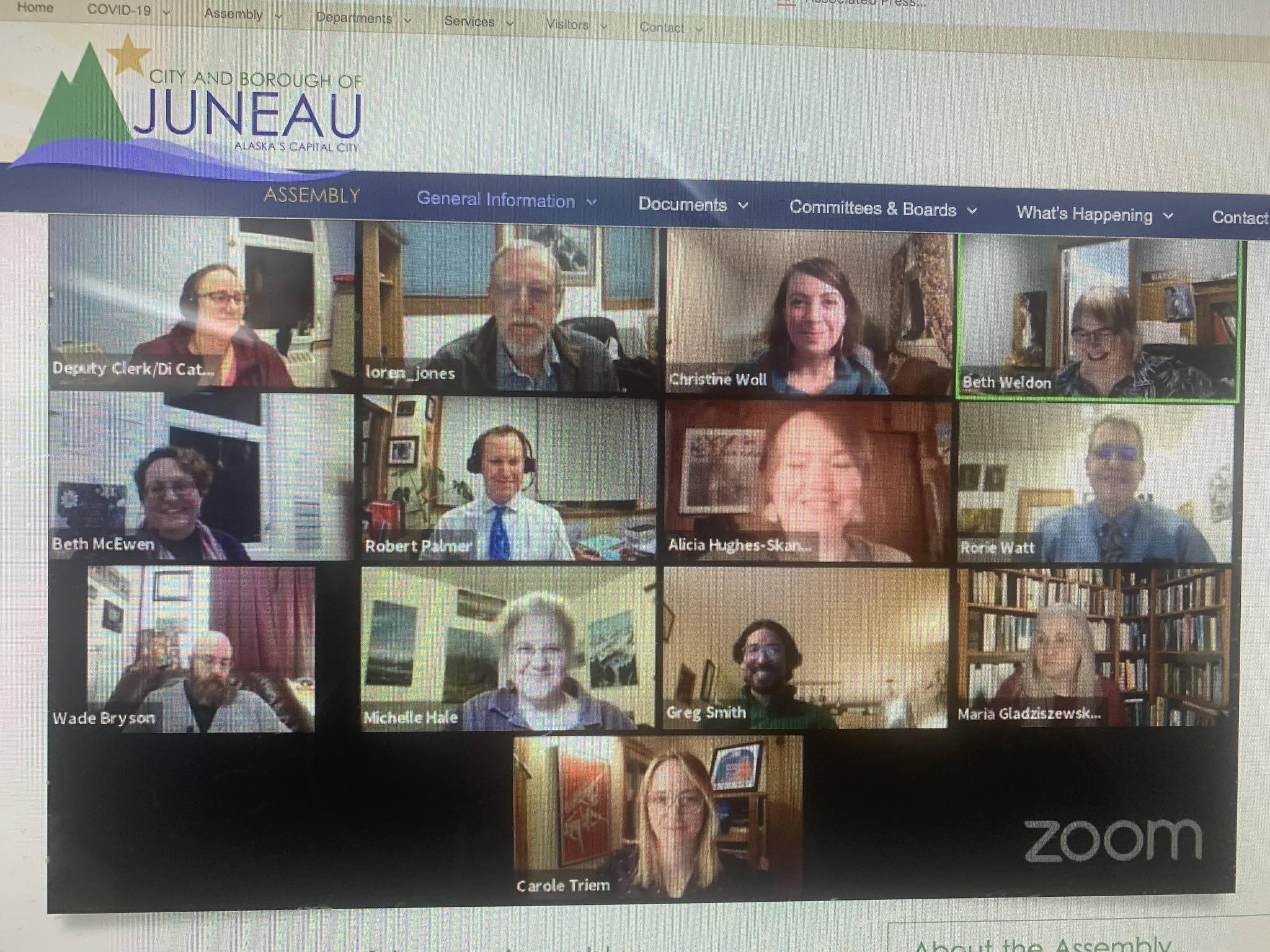 Like many municipal bodies, the City and Borough of Juneau has been conducting business via public meetings hosted on Zoom. While this has helped to keep the wheels of government turning, it's also opened the door to Zoom bombing. Zoom bombing happens when an anonymous party joins the meeting and shares graphic or lewd content. City officials are considering an ordinance that makes it illegal to Zoom bomb a meeting hosted from Juneau. This screen grab from CBJ's website shows the city assembly meeting via Zoom. (Screenshot)