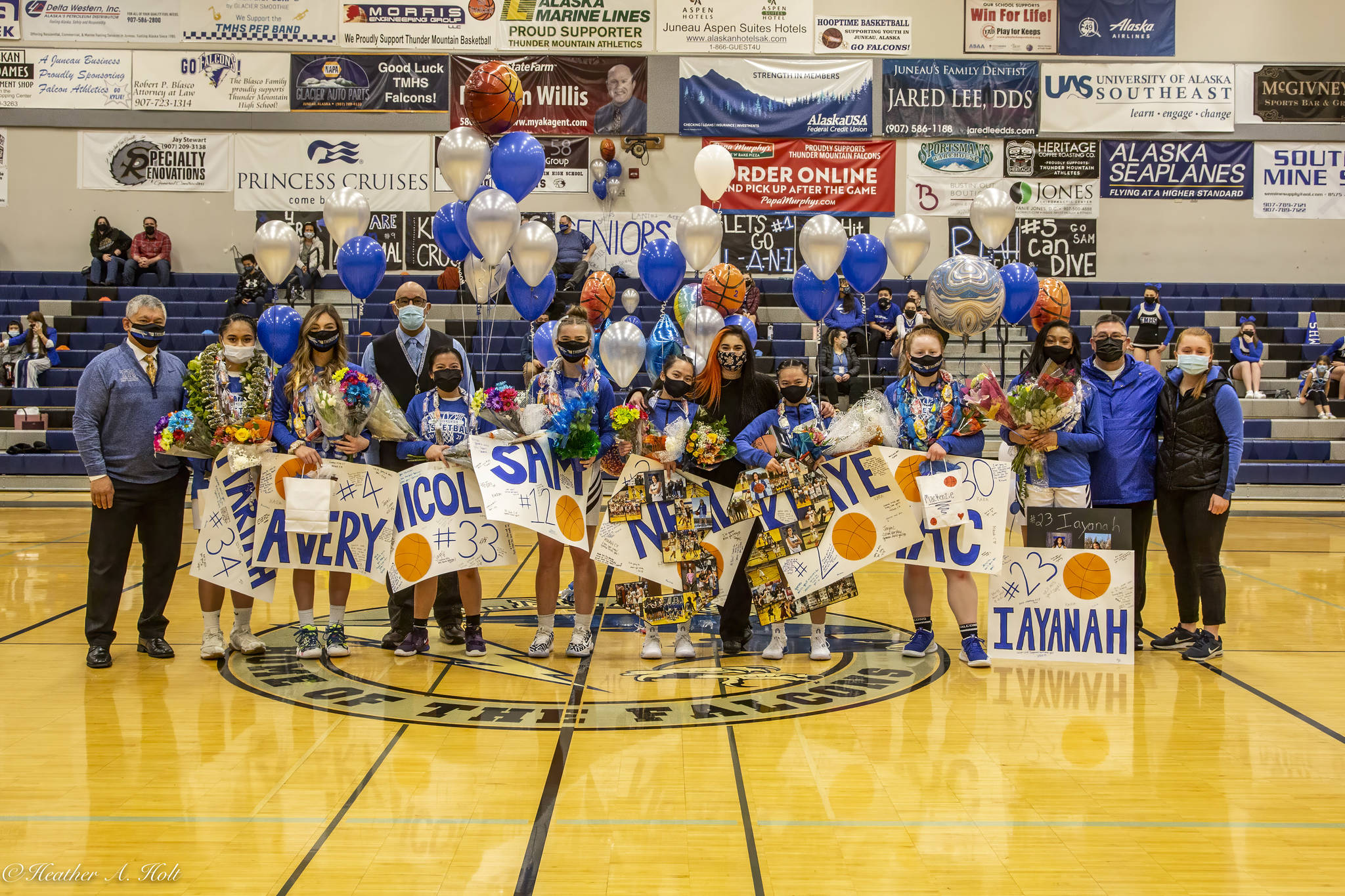 Courtesy Photo / Heather Holt
Thunder Mountain High School girls basketball seniors stand at mid-court prior to a Saturday game against Mt. Edgecumbe High School. TMHS won the game 55-34.
Thunder Mountain High School girls basketball seniors stand at mid-court prior to a 12:30 p.m. Saturday game against Mt. Edgecumbe High School. TMHS won the game 55-34. (Courtesy Photo / Heather Holt)