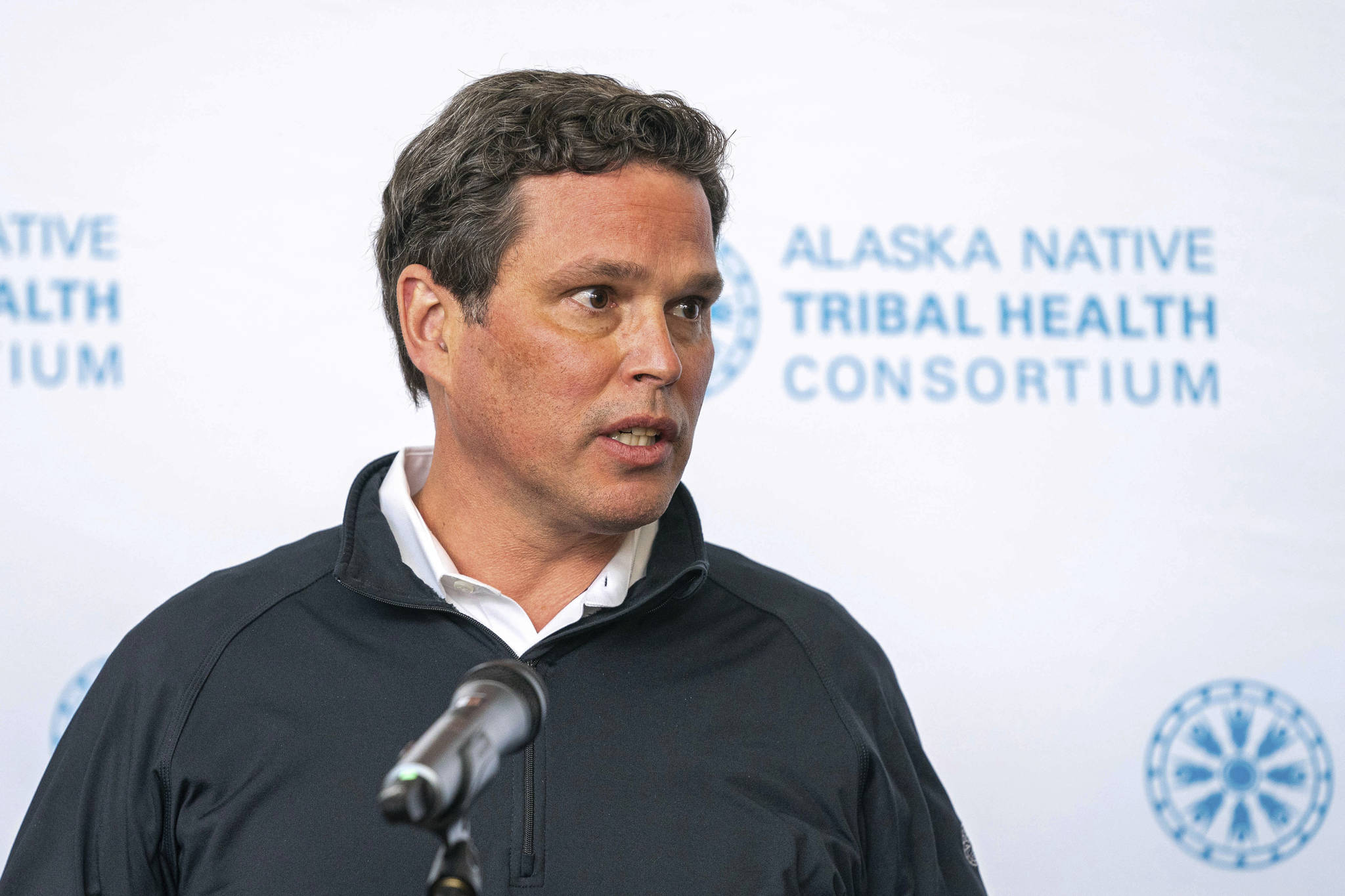 Alaska Native Tribal Health Consortium Chairman Andy Teuber introduces U.S. Health and Human Services Secretary Alex Azar at a press conference at the Alaska Native Tribal Health Consortium, Wednesday, Aug. 12, 2020, in Anchorage. The U.S. Coast Guard was searching for an overdue helicopter piloted by Teuber who is the former head of the Alaska Native Tribal Health Consortium. Teuber had resigned last week after allegations of sexual misconduct surfaced against him which he denied. Teuber left Anchorage about 2 p.m. Tuesday, March 2, 2021, in a black and white Robinson R66 helicopter en route to Kodiak Island. (Loren Holmes / Anchorage Daily News)
