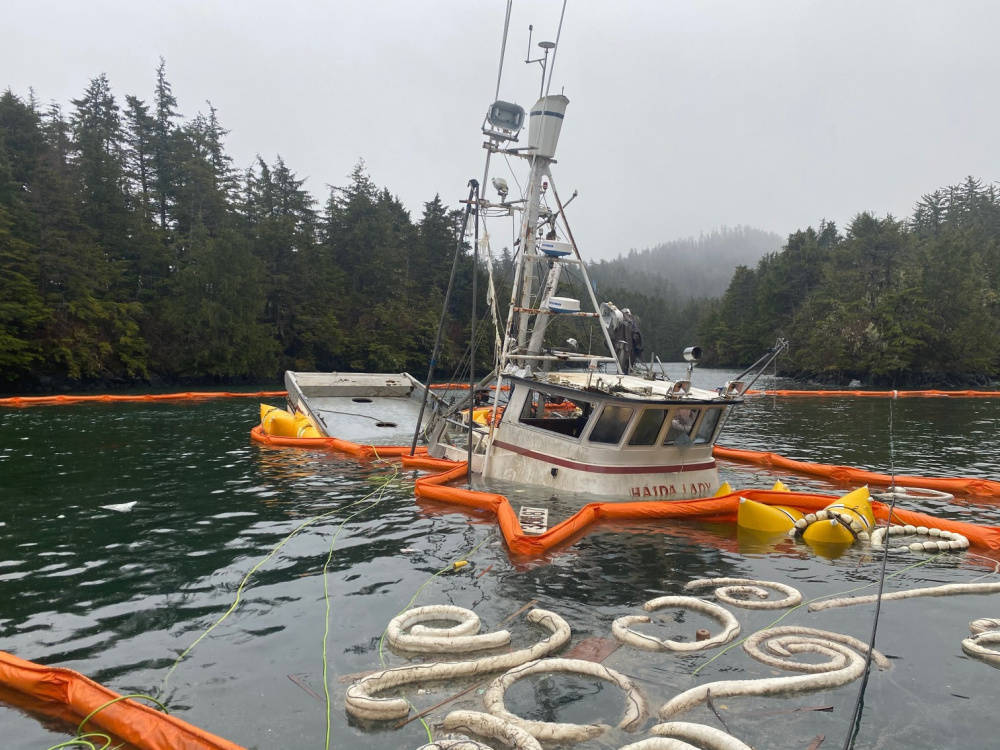 The 52-foot fishing vessel, Haida Lady, partially refloated Cobb Island and Silver Point South of Sitka, Alaska, March 2, 2021. (Courtesy photo / U.S. Coast Guard)