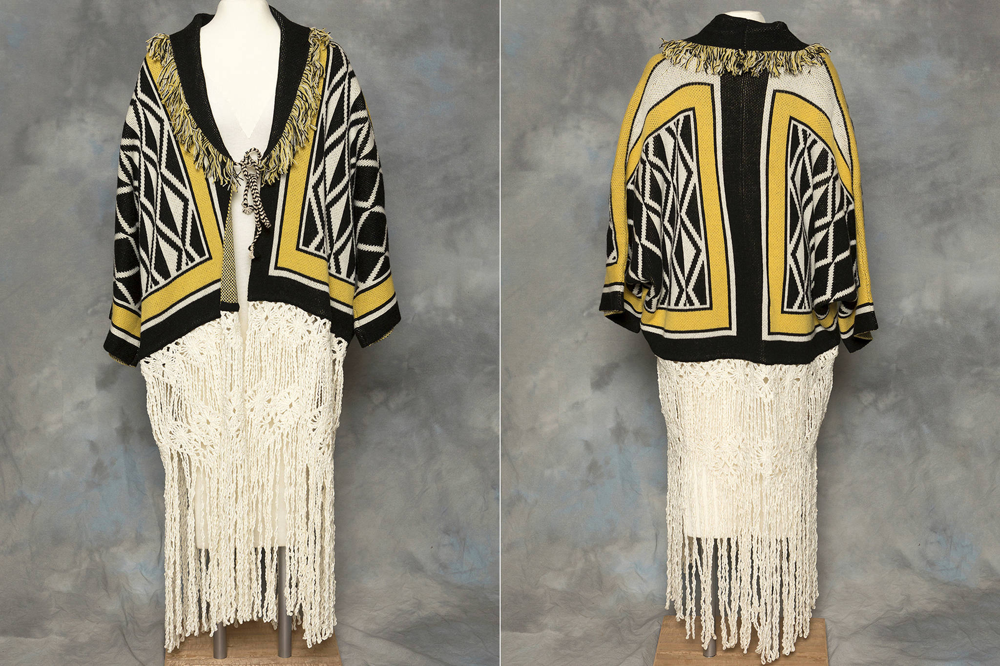This combination of photos provided by the Sealaska Hertiage Institute in Juneau, Alaska, shows the front and back of a Tlingit Ravenstail coat. An Alaska Native cultural organization and the luxury department store Neiman Marcus have settled a lawsuit over the sale of a coat with a copyrighted, geometric design borrowed from indigenous culture.  (Brian Wallace / Sealaska Heritage Institute)