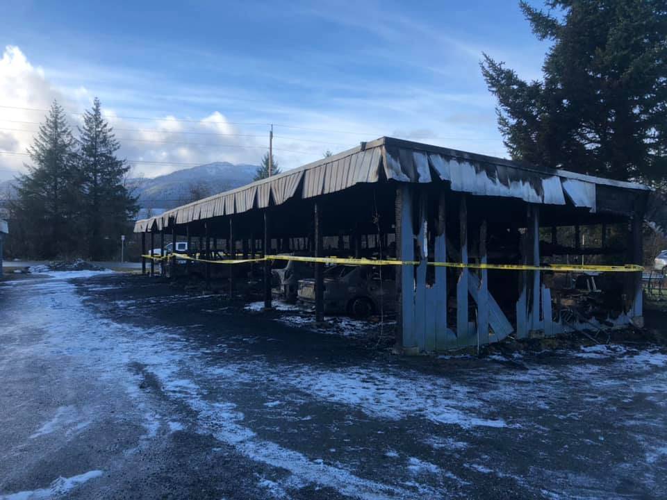 Capital City Fire/Rescue and the Juneau Police Department are investigating a carport fire occurring on March 6, 2021, seen above, as an intentionally set fire. (Courtesy photo / CCFR)