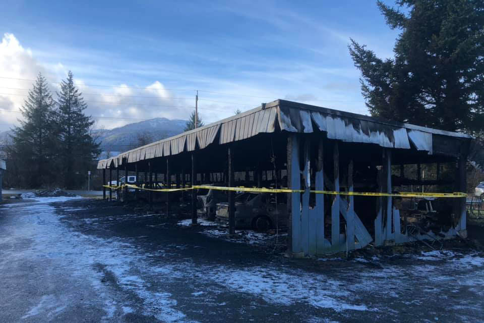 Capital City Fire/Rescue and the Juneau Police Department are investigating a carport fire occurring on March 6, 2021, seen above, as an intentionally set fire. (Courtesy photo / CCFR)