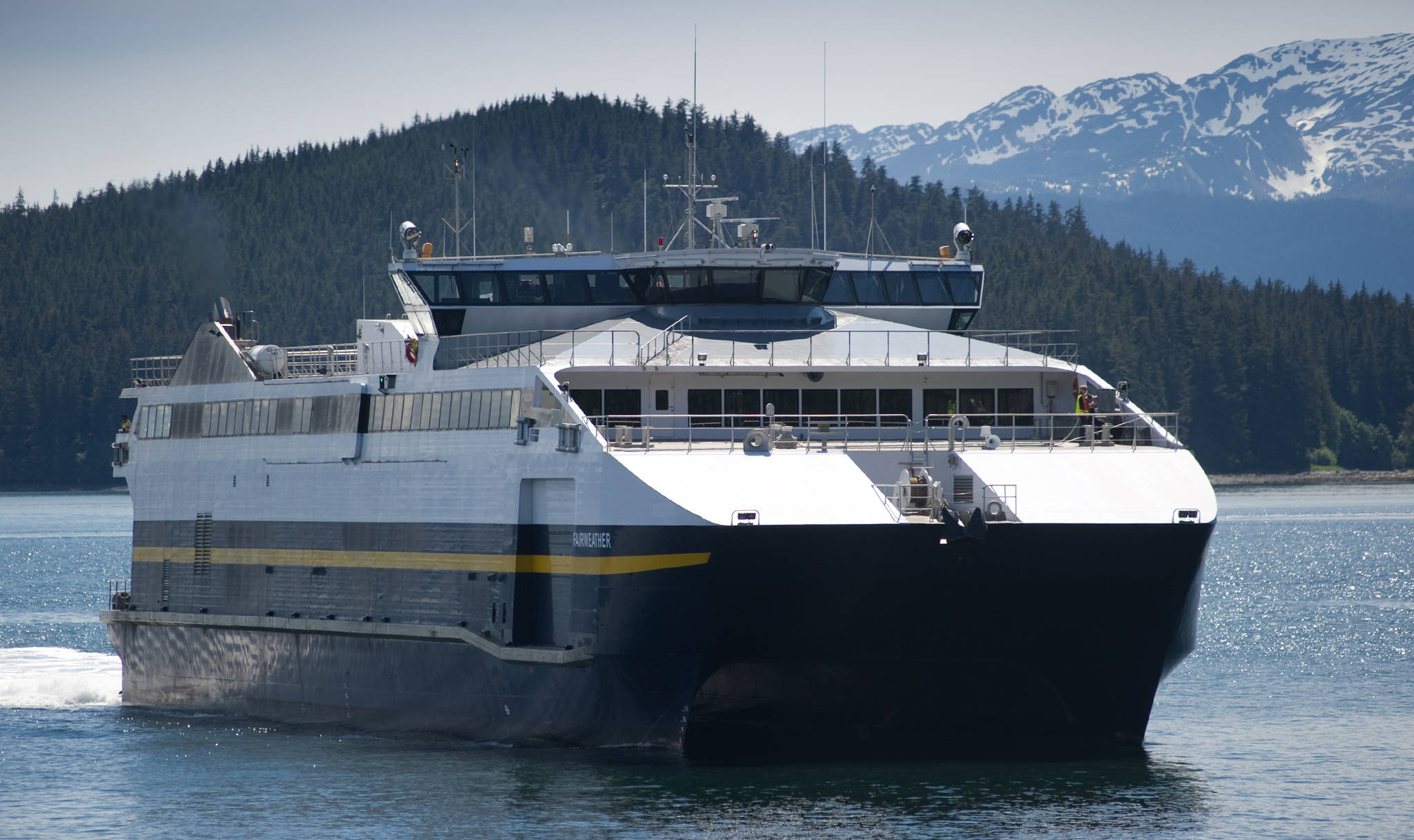 The FVF Fairweather pulls up to the Auke Bay Terminal in June 2014. The fast ferry, along with the FVF Chenega, were sold to a Spanish firm. (Michael Penn / Juneau Empire File)