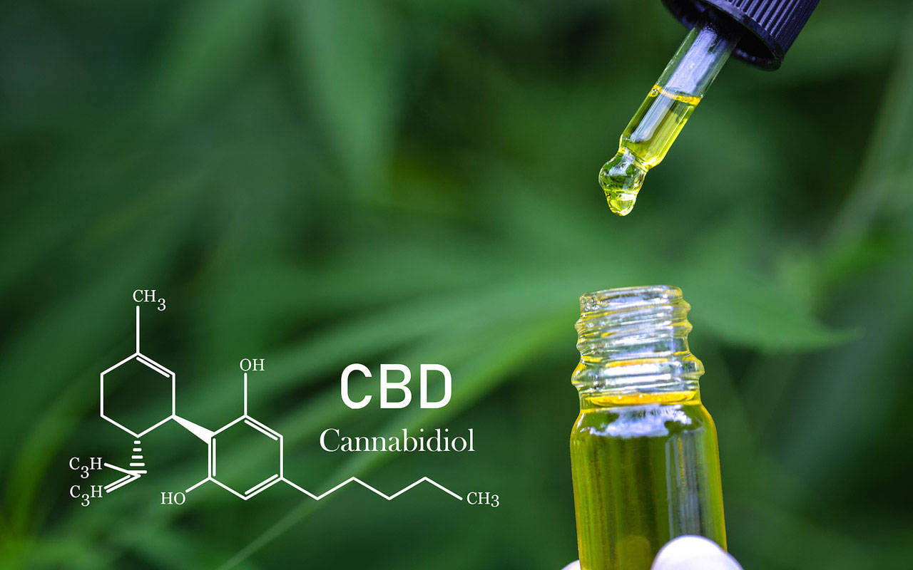 CBD elements in Cannabis, Pipette with hemp oil on blurred background. Cannabis oil against Marijuana plant, CBD or THC oil.