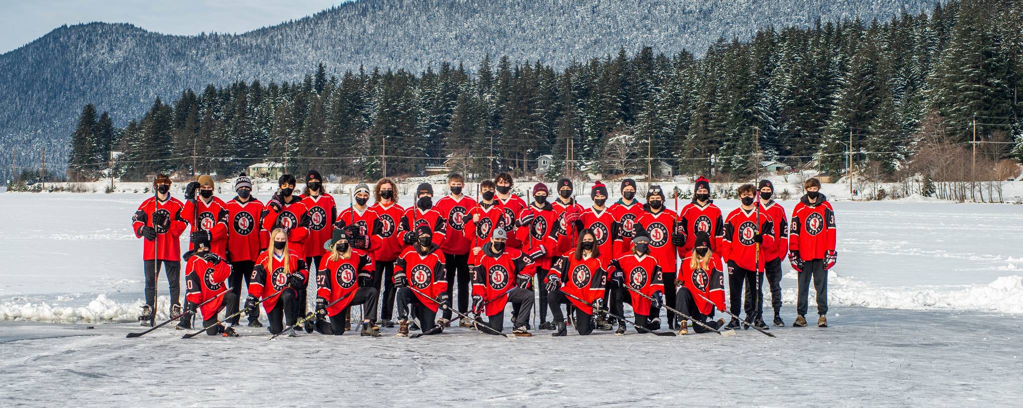 Courtesy photos / Steve Quinn 
The Juneau-Douglas High School: Yadaa.at Kalé Crimson Bears hockey team, posing here for a team photo at Twin Lakes, went through a gameless season in 2021, with all travel curtailed by the coronavirus.