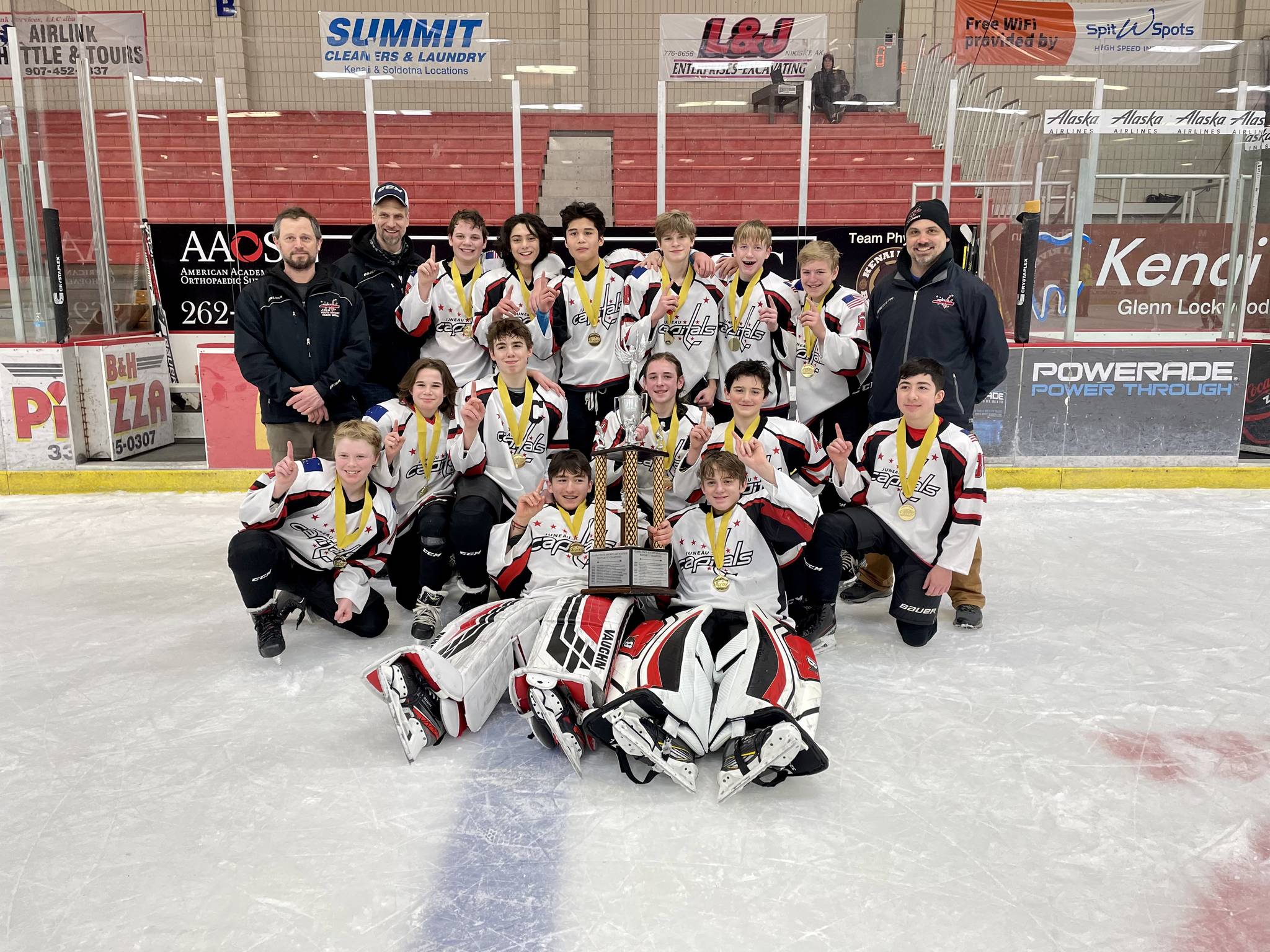 The Juneau Capitals swept six opposing 14U-Division A hockey teams en route to claiming a state title in Kenai over the March 19-21 weekend. (Courtesy Photo / Charity Platt)