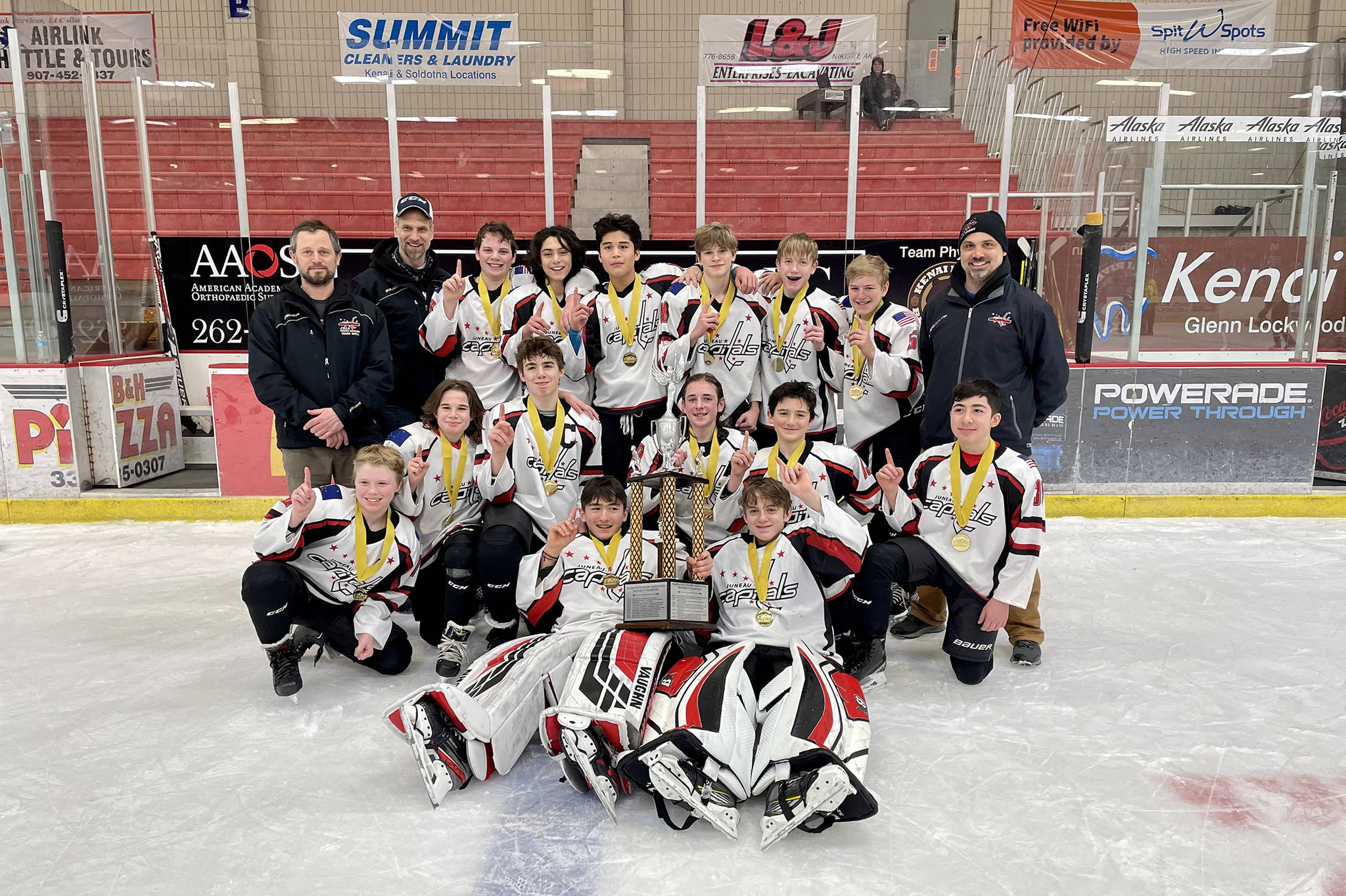 The Juneau Capitals swept six opposing 14U-Division A hockey teams en route to claiming a state title in Kenai over the March 19-21 weekend. (Courtesy Photo / Charity Platt)