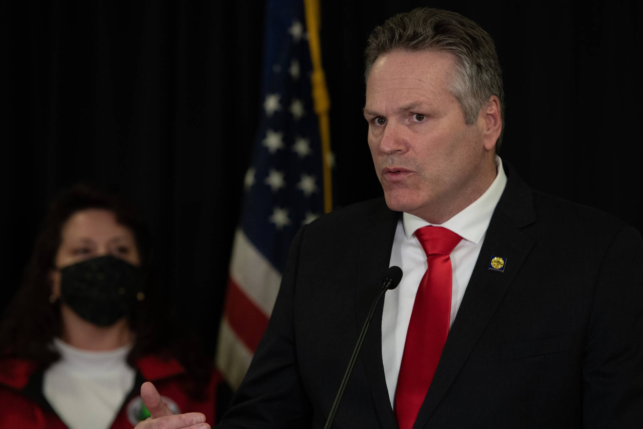 Gov. Mike Dunleavy speaks at a news conference in Anchorage on Friday, March 26, 2021, to announce the state’s intention to begin management of over 800,000 miles of submerged lands as affirmed in a 2019 U.S. Supreme Court decision. (Courtesy photo / Office of Gov. Mike Dunleavy)