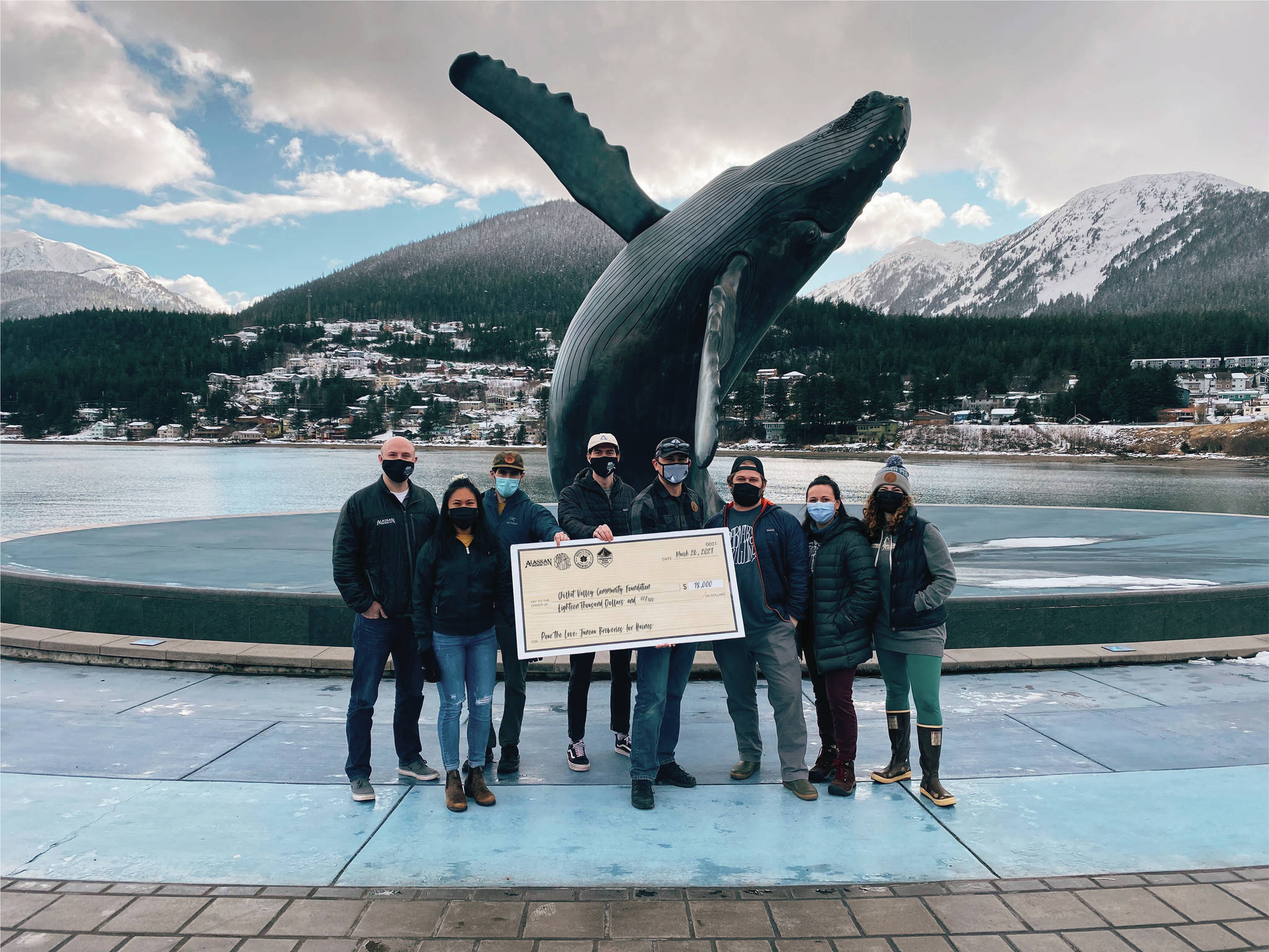Courtesy photo / Meghan Chambers 
Juneau’s breweries, with a funds-matching donation from the Rasmuson Foundation, donated $36,000 to the Chilkat Valley Community Foundation to assist with relief from last year’s fatal landslides as part of the Pour the Love fundraiser on March 30, 2021.