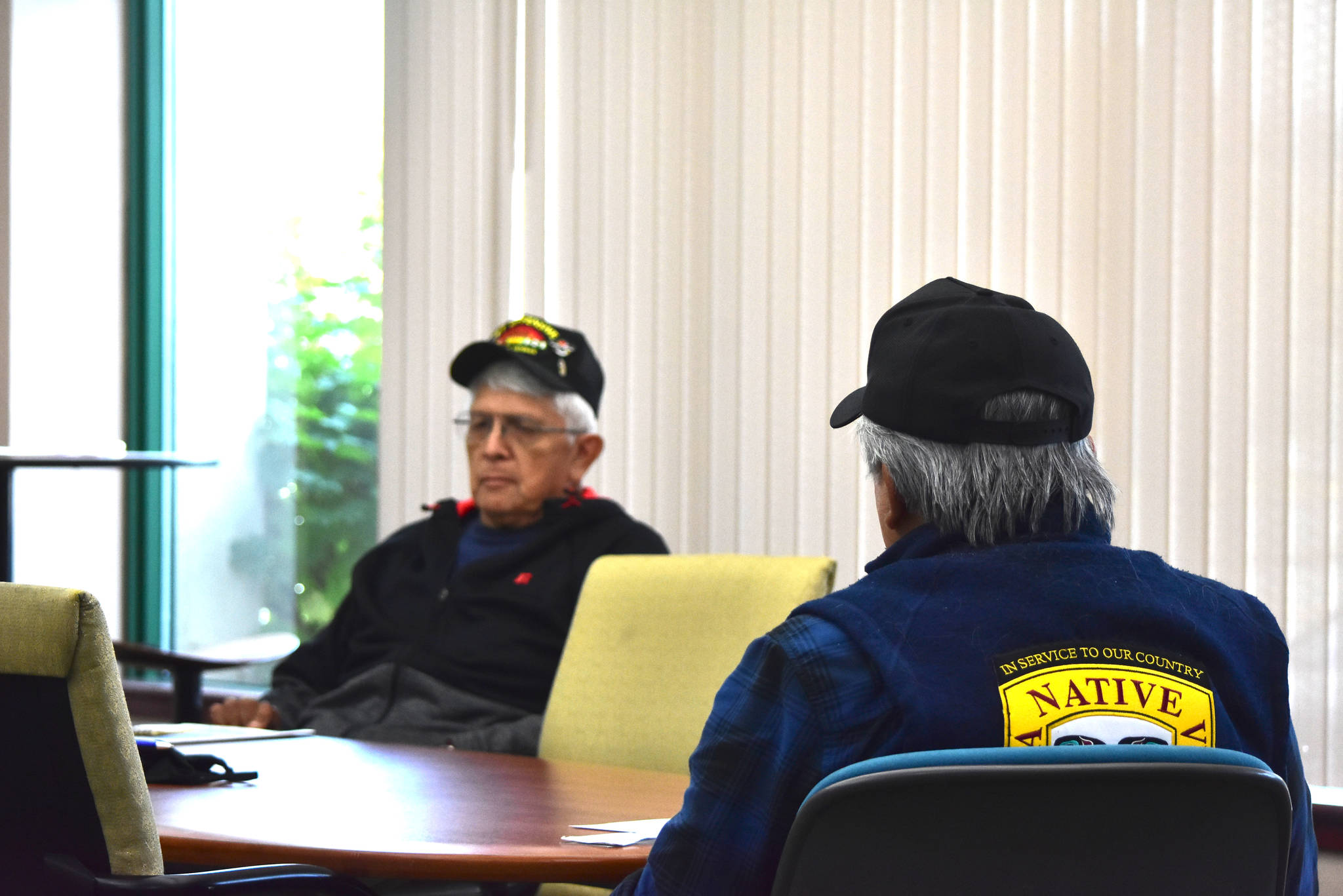 George J. Bennett Sr., left, and Arsenio “Pastor” Credo, right, were among the hundreds of Alaskans who deployed to Vietnam during the war and were collectively welcomed home during an event held by the Southeast Intertribal Collective for National Vietnam War Veterans Day over Facebook Live on March 29, 2021. (Peter Segall / Juneau Empire File)