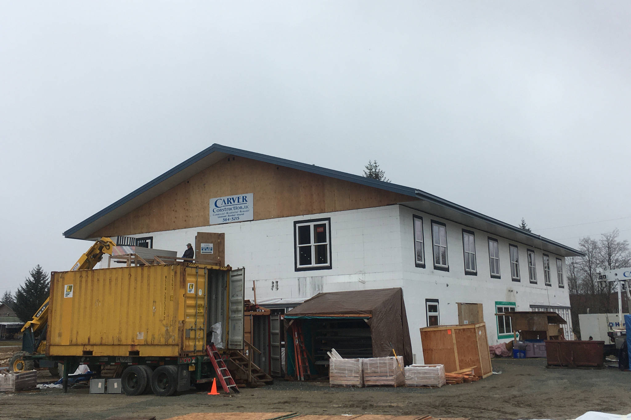 The new Glory Hall, currently under construction near the airport, is due to open on July 1, 2021, as the contract for the shelter at the Juneau Arts and Culture Center ends after a year and a half of pandemic. (Michael S. Lockett / Juneau Empire)