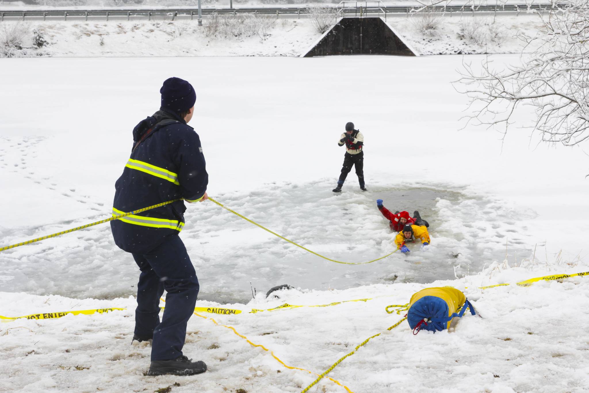 Capital City Fire/Rescue personnel underwent annual ice rescue training at Twin Lakes on April 7, 2021. The training occurs in the spring, when the ice is rotted and most dangerous. (Michael S. Lockett / Juneau Empire)