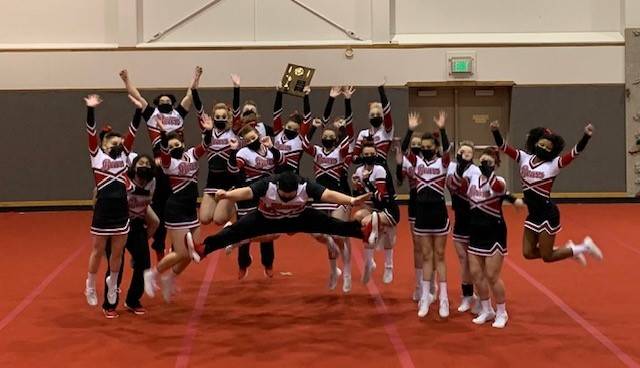 Courtesy photo / Carlene Nore 
Juneau-Douglas High School: Yadaa.at Kalé’s cheer team, shown here after winning the Region V competition, went on to win the state championships for their division for 2021.