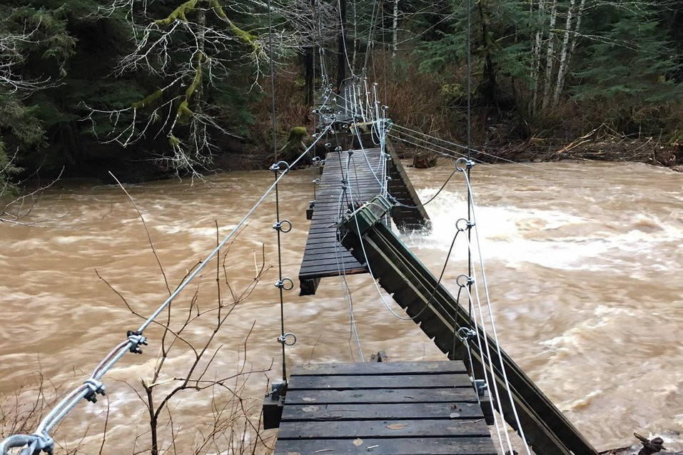 The town of Tenakee Springs is holding a fundraiser to replace a footbridge washed out in the torrential December rains of 2020. (Courtesy photo / Nicole Pegues)