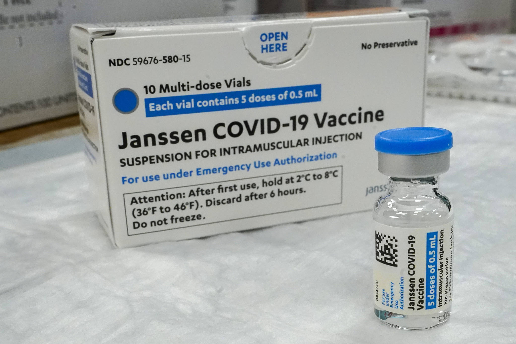 This photo shows the Johnson & Johnson COVID-19 vaccine sits on a table at a pop up vaccinations site the Albanian Islamic Cultural Center, in the Staten Island borough of New York. The U.S. is recommending a “pause” in administration of the single-dose Johnson & Johnson COVID-19 vaccine to investigate reports of potentially dangerous blood clots. (AP Photo / Mary Altaffer)