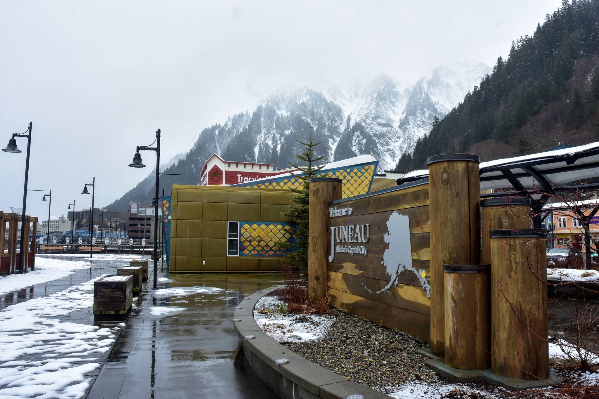 Juneau’s downtown waterfront on Tuesday, April 13, 2021, where cruise ships normally dock when visiting the city. Activists submitted three ballot initiatives Monday aimed at limiting the growth of the industry even as state and local lawmakers push for ships to return. (Peter Segall / Juneau Empire)